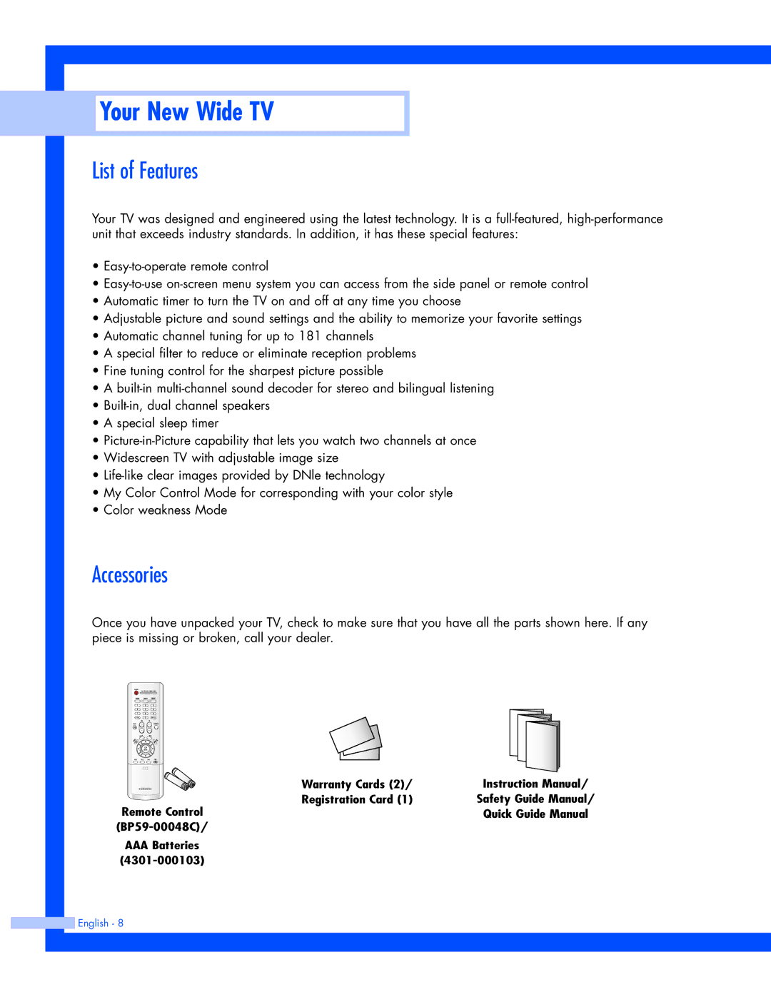 Samsung SP-61L3HR instruction manual List of Features, Accessories 