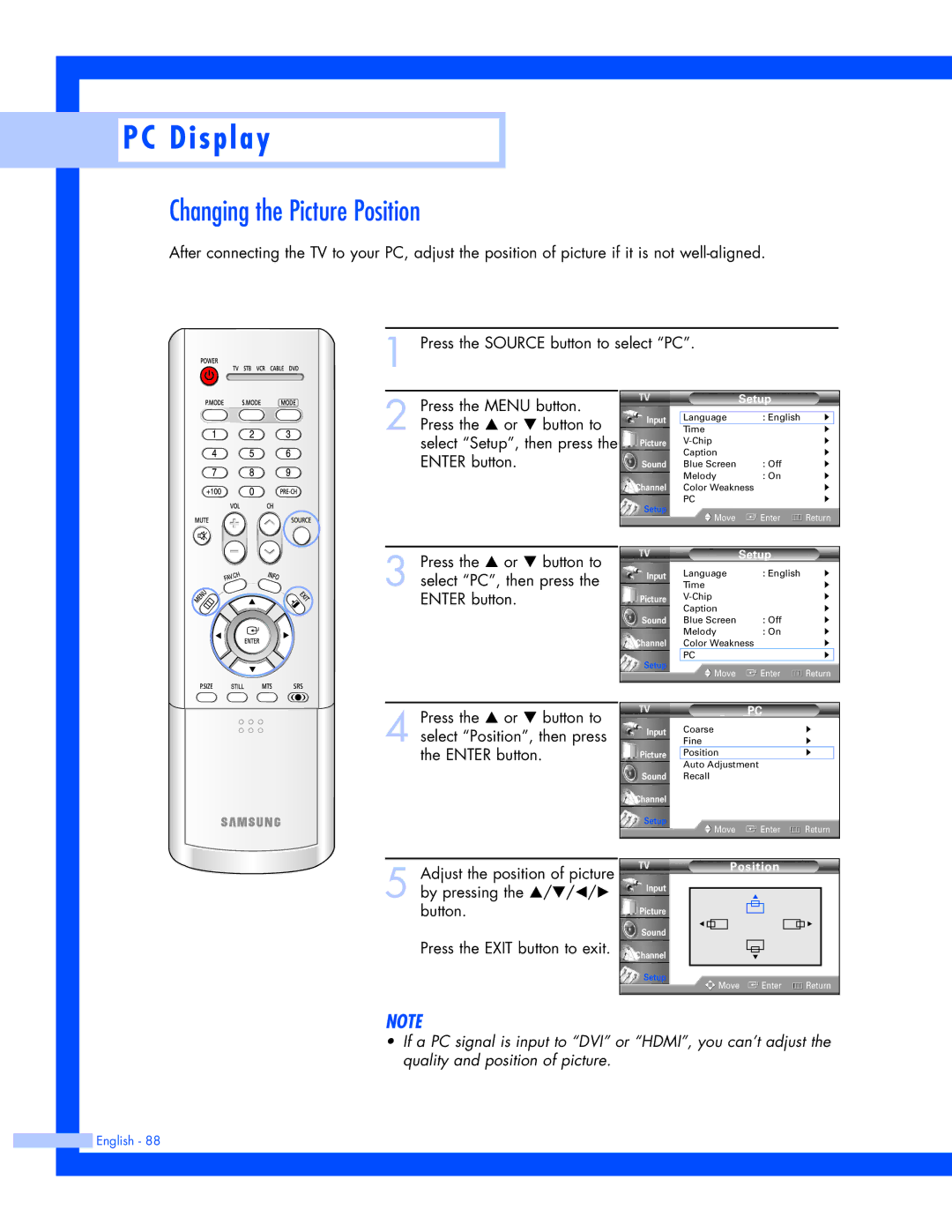 Samsung SP-61L3HR instruction manual Changing the Picture Position 