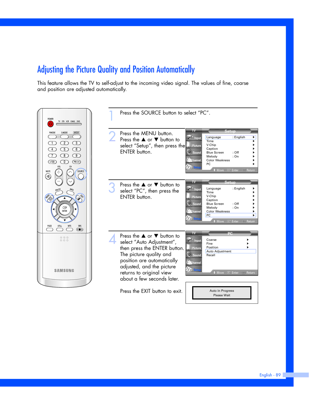 Samsung SP-61L3HR instruction manual Adjusting the Picture Quality and Position Automatically 