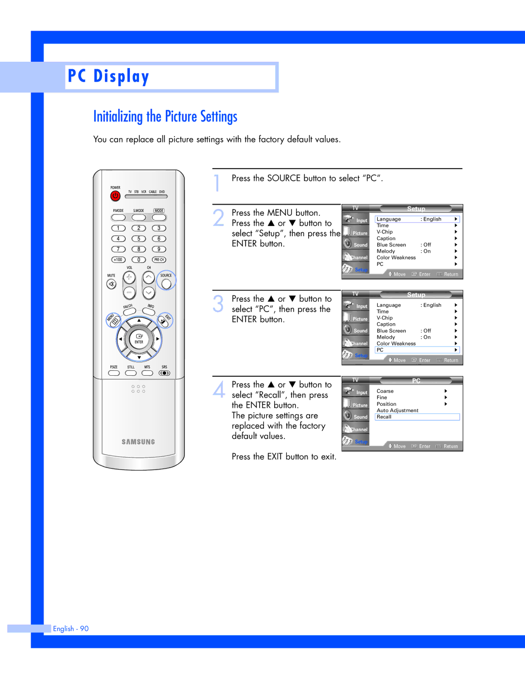 Samsung SP-61L3HR instruction manual Initializing the Picture Settings 