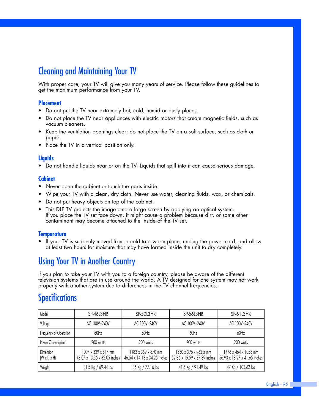 Samsung SP-61L3HR instruction manual Cleaning and Maintaining Your TV, Using Your TV in Another Country, Specifications 