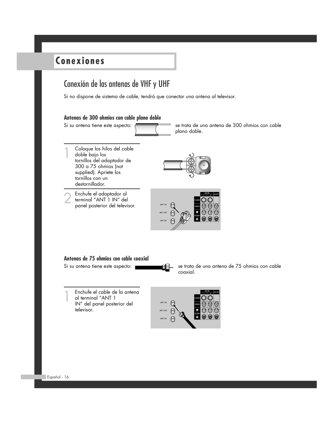 Samsung SP-56L6HR, SP-61L6HR, SP-46L6HR Conexión de las antenas de VHF y UHF, Antenas de 300 ohmios con cable plano doble 