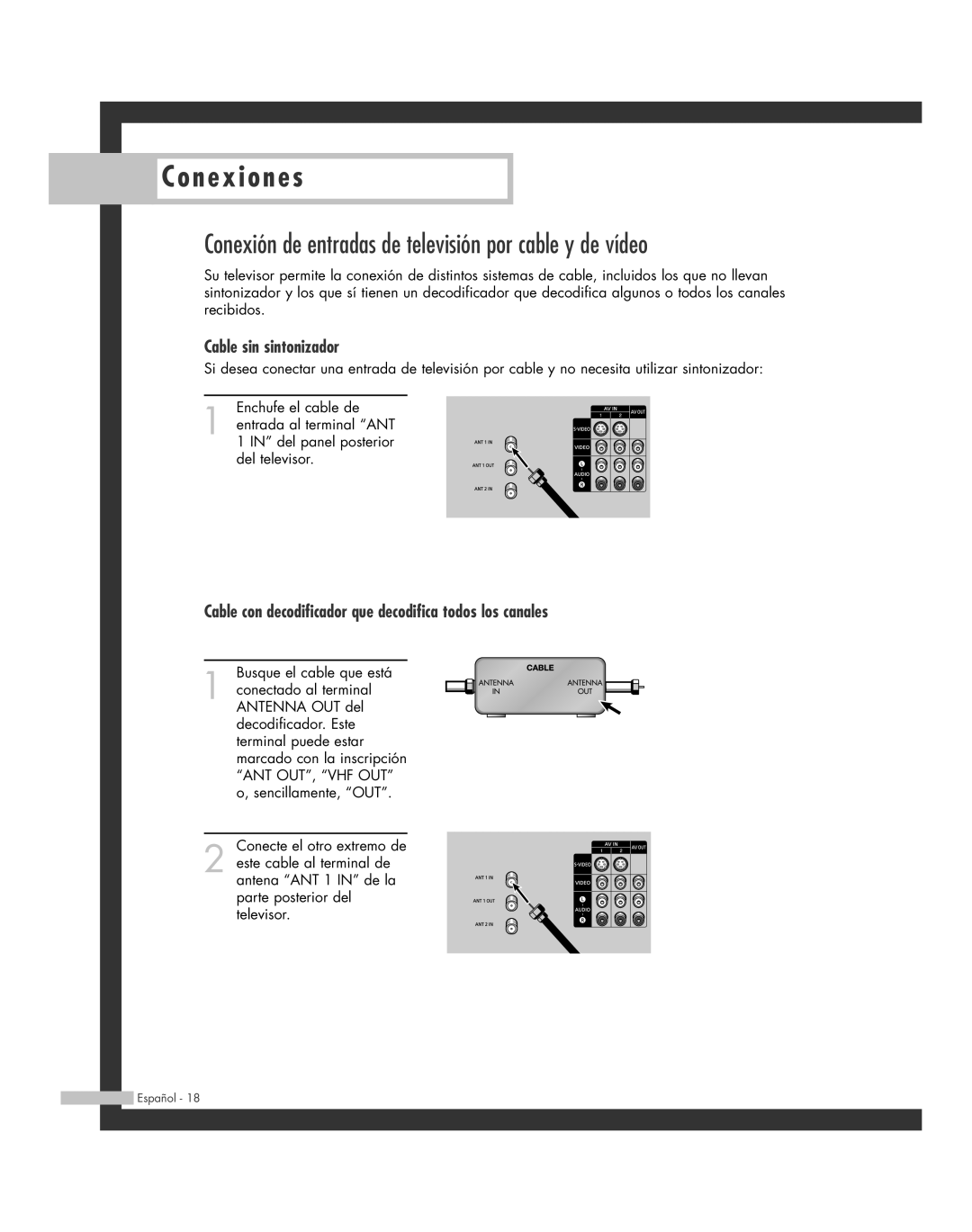 Samsung SP-42L6HR, SP-61L6HR, SP-56L6HR Conexión de entradas de televisión por cable y de vídeo, Cable sin sintonizador 