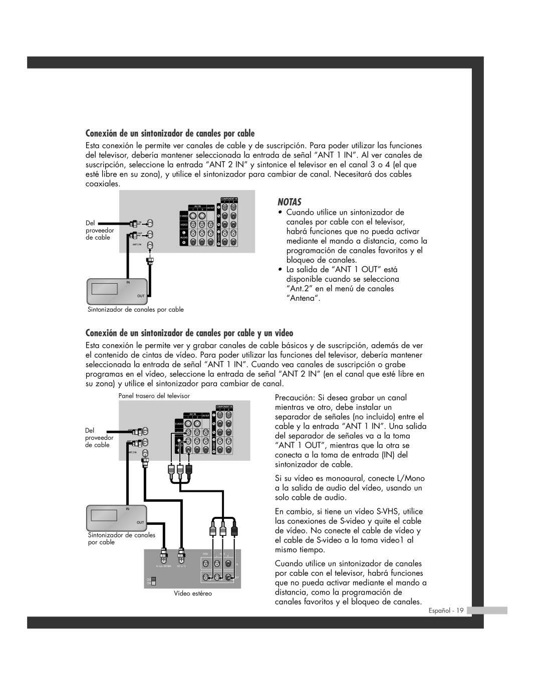 Samsung SP-50L6HR, SP-61L6HR, SP-56L6HR, SP-46L6HR, SP-42L6HR manual Conexión de un sintonizador de canales por cable 