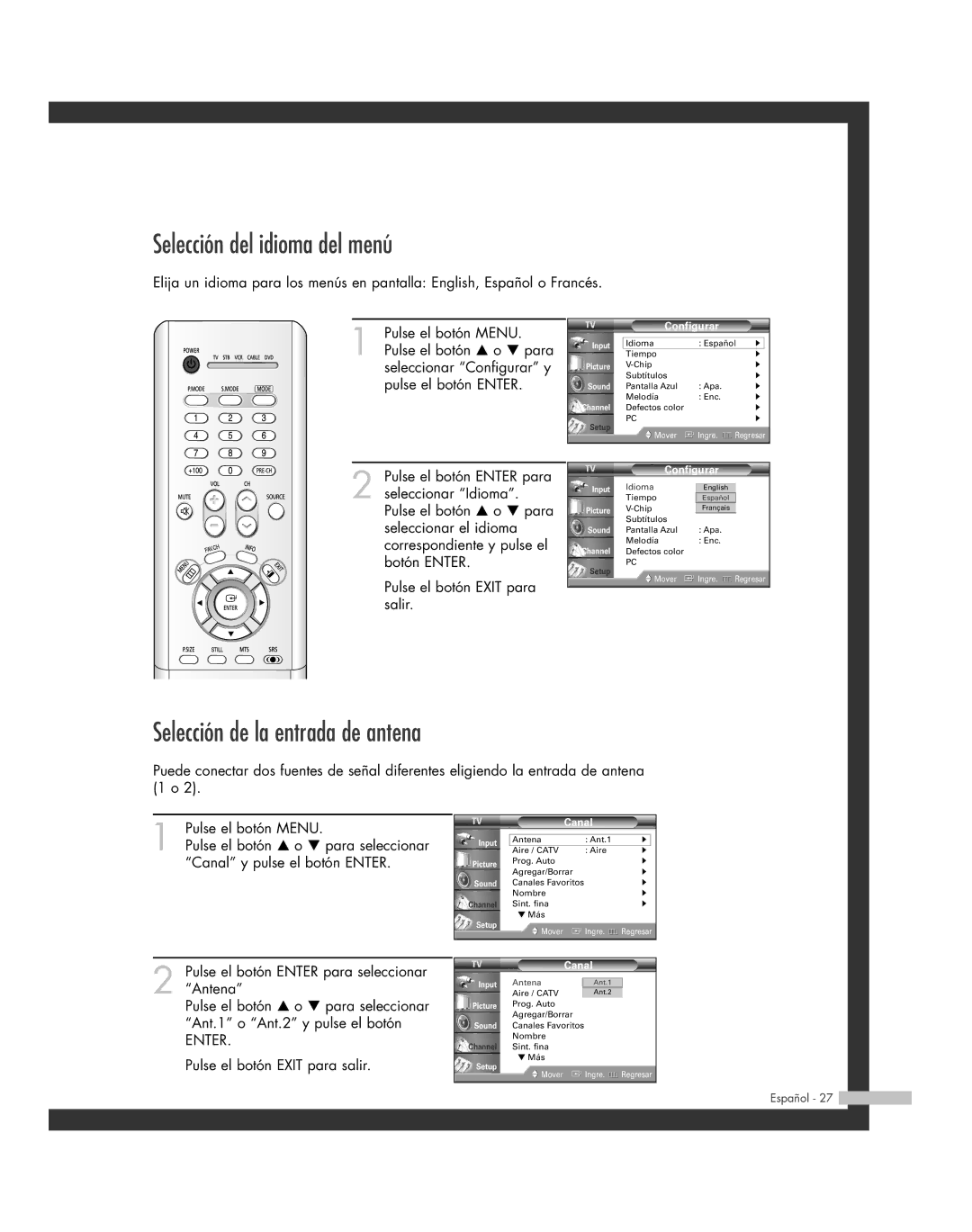 Samsung SP-46L6HR, SP-61L6HR, SP-56L6HR, SP-42L6HR manual Selección del idioma del menú, Selección de la entrada de antena 