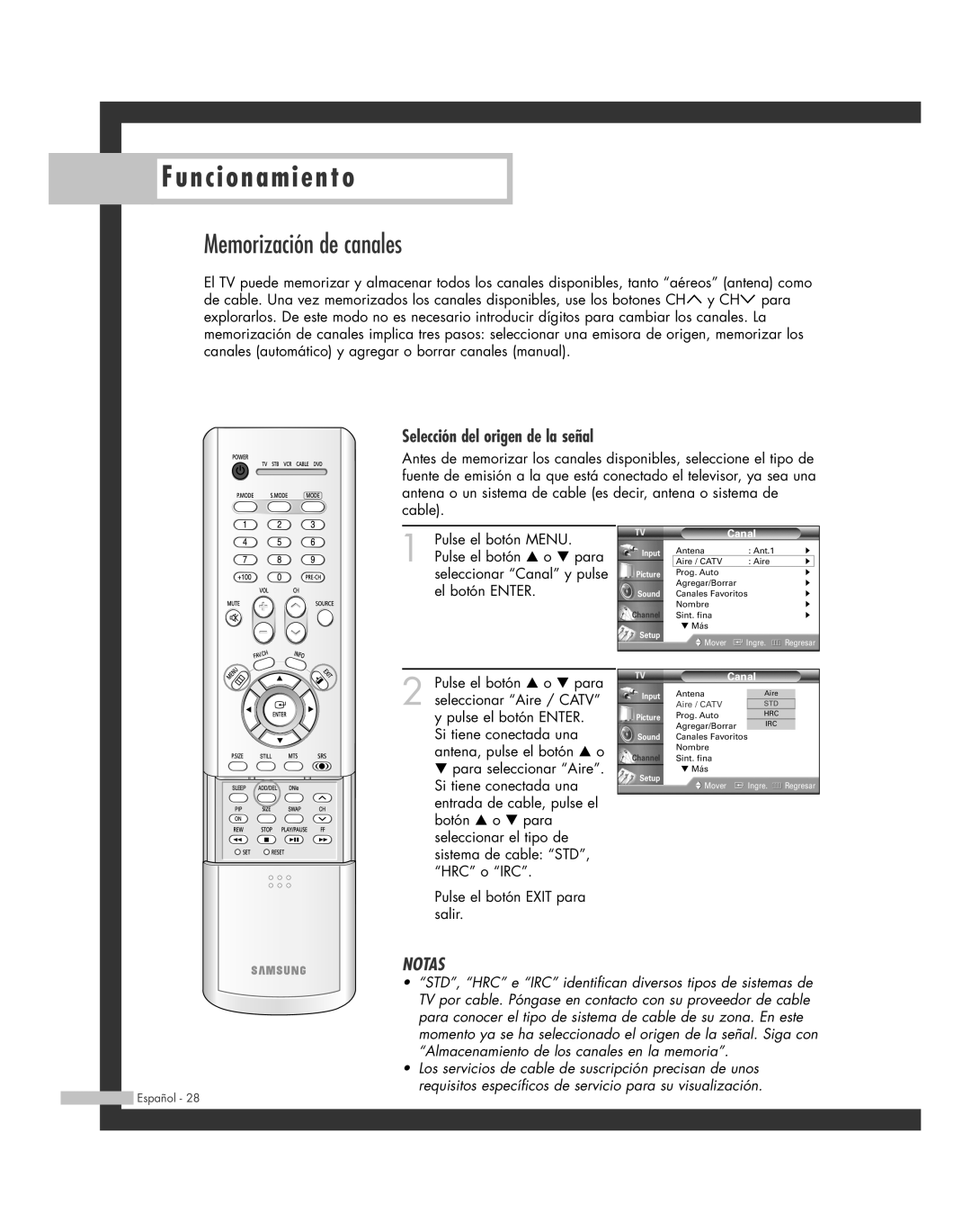 Samsung SP-42L6HR, SP-61L6HR, SP-56L6HR, SP-46L6HR, SP-50L6HR manual Memorización de canales, Selección del origen de la señal 