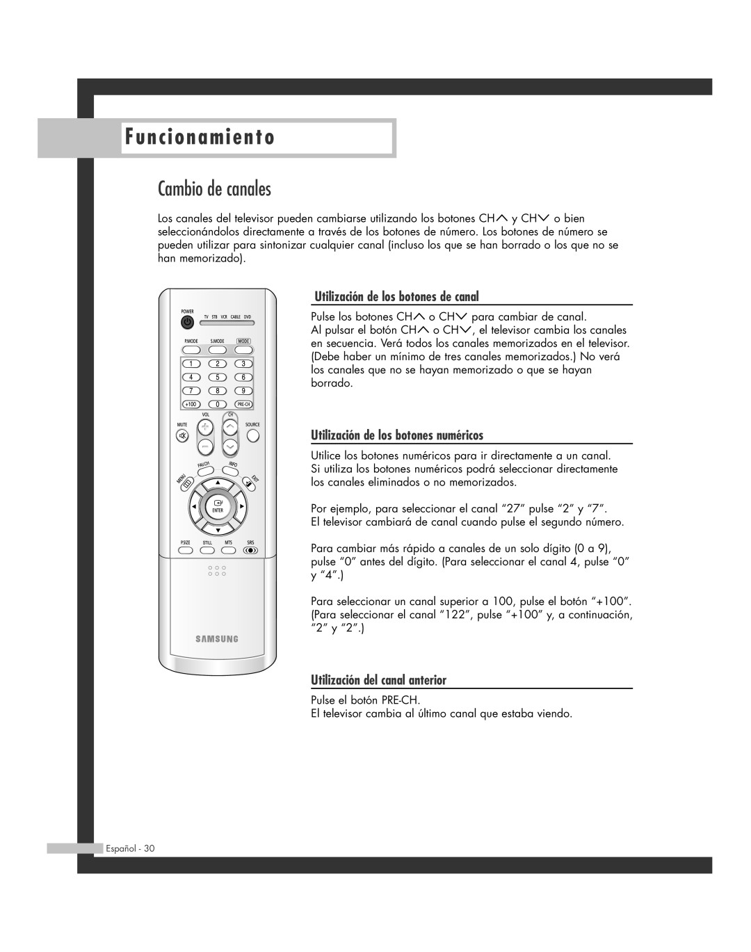 Samsung SP-61L6HR, SP-56L6HR Cambio de canales, Utilización de los botones de canal, Utilización de los botones numéricos 