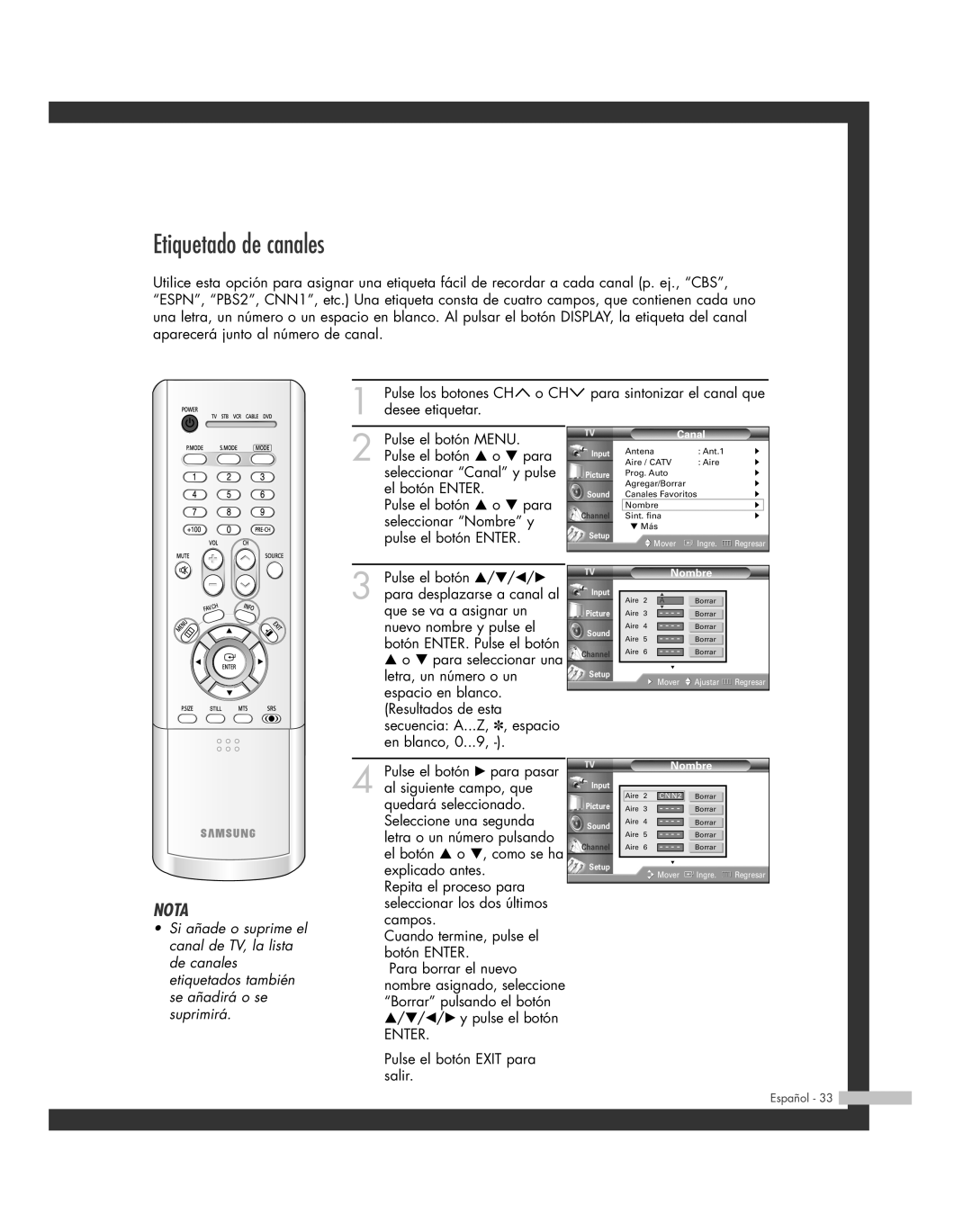 Samsung SP-42L6HR, SP-61L6HR, SP-56L6HR, SP-46L6HR, SP-50L6HR manual Etiquetado de canales 