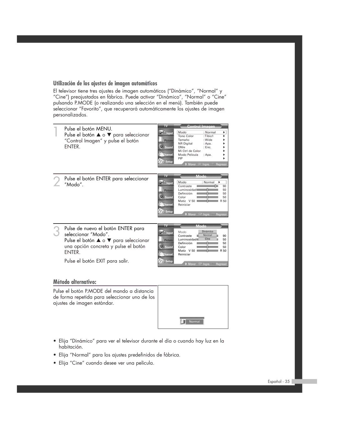 Samsung SP-61L6HR, SP-56L6HR, SP-46L6HR, SP-42L6HR manual Utilización de los ajustes de imagen automáticos, Método alternativo 