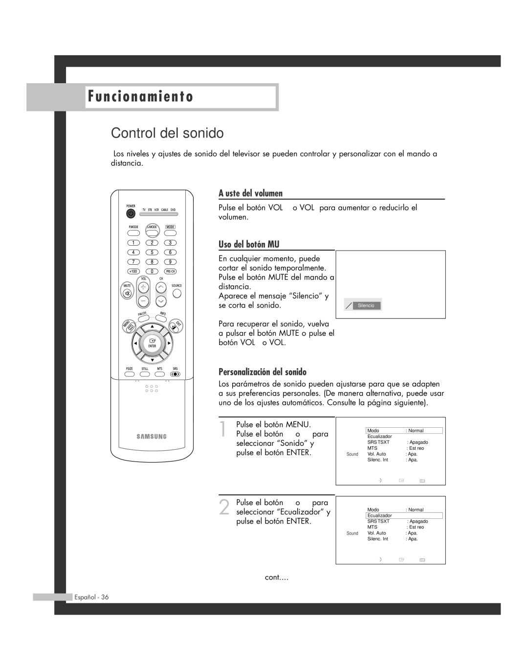 Samsung SP-56L6HR, SP-61L6HR manual Control del sonido, Ajuste del volumen, Uso del botón Mute, Personalización del sonido 