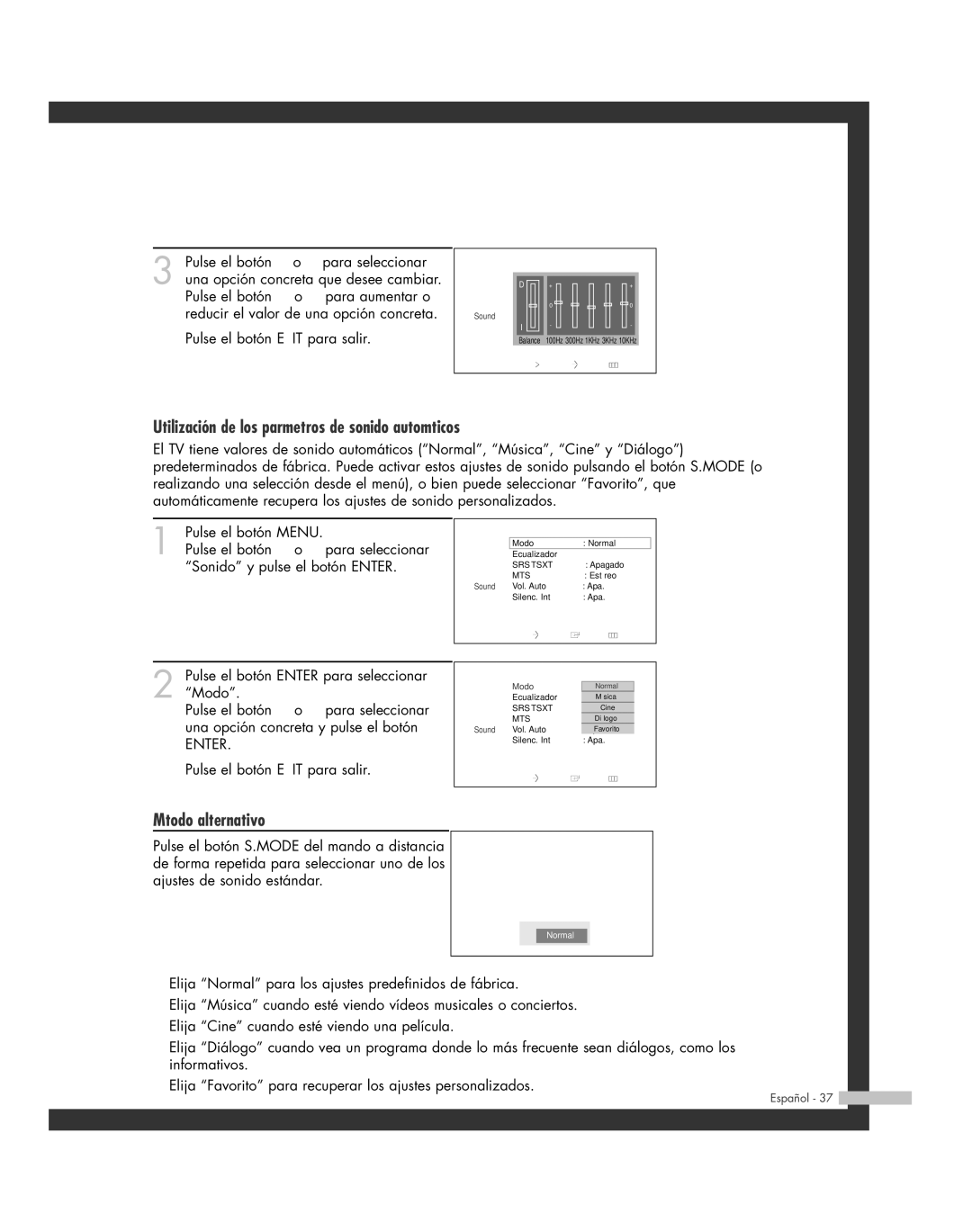 Samsung SP-46L6HR, SP-61L6HR, SP-56L6HR, SP-42L6HR, SP-50L6HR manual Utilización de los parámetros de sonido automáticos 