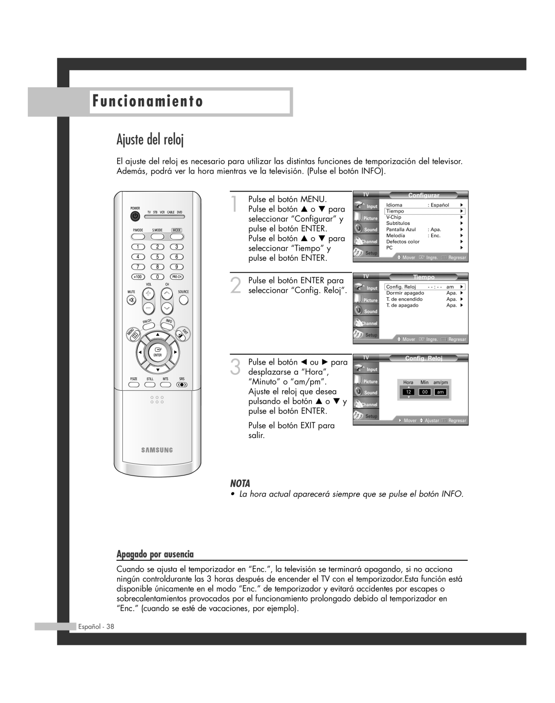 Samsung SP-42L6HR, SP-61L6HR, SP-56L6HR, SP-46L6HR, SP-50L6HR manual Ajuste del reloj, Apagado por ausencia 