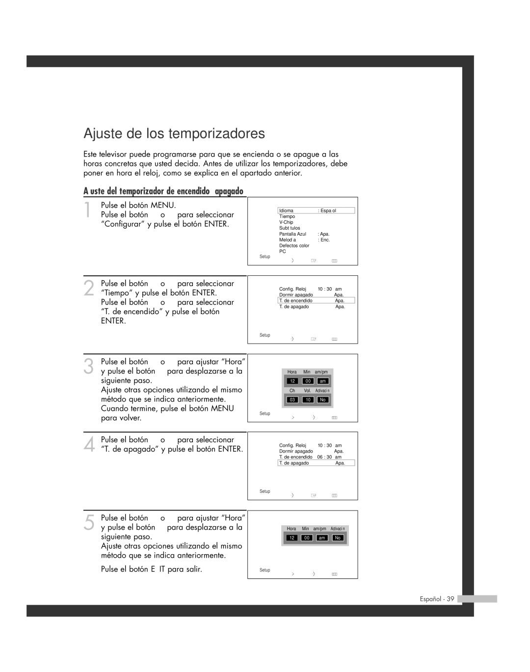 Samsung SP-50L6HR, SP-61L6HR, SP-56L6HR, SP-46L6HR, SP-42L6HR manual Ajuste de los temporizadores 