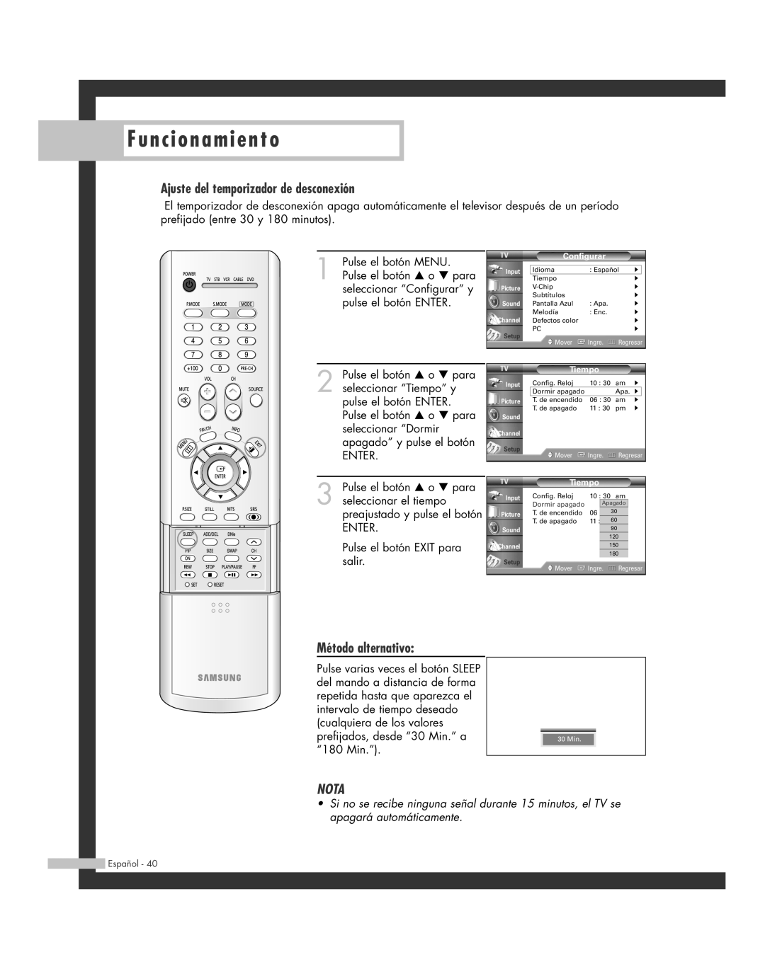 Samsung SP-61L6HR, SP-56L6HR, SP-46L6HR, SP-42L6HR, SP-50L6HR manual Ajuste del temporizador de desconexión, Método alternativo 