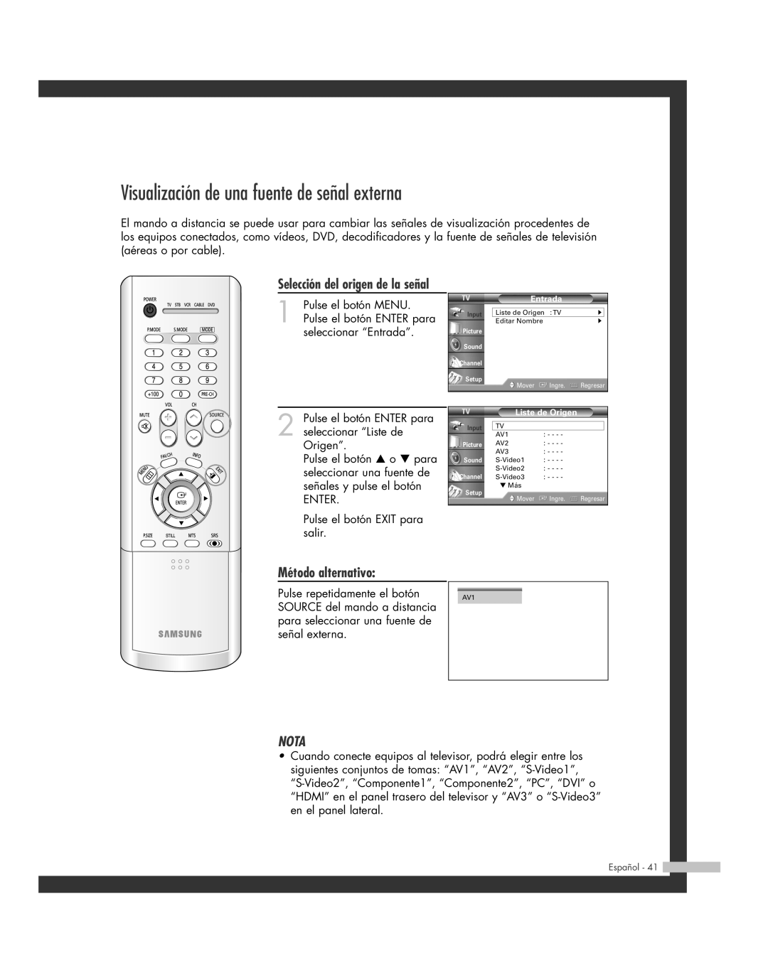 Samsung SP-56L6HR, SP-61L6HR, SP-46L6HR manual Visualización de una fuente de señal externa, Selección del origen de la señal 