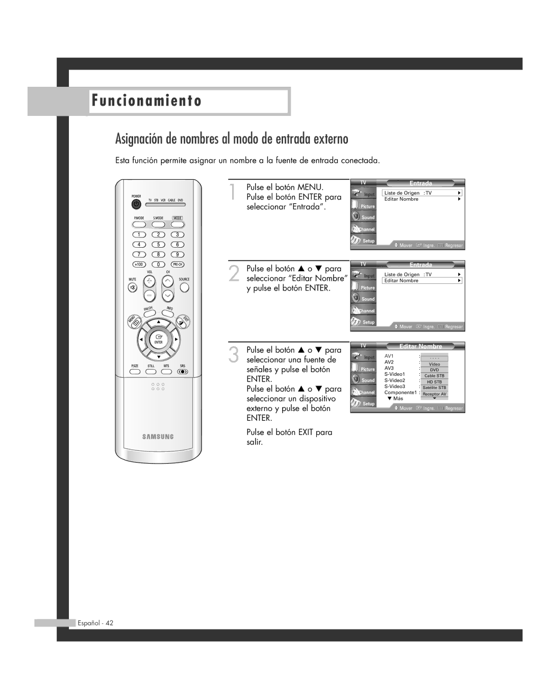 Samsung SP-46L6HR, SP-61L6HR, SP-56L6HR, SP-42L6HR, SP-50L6HR Asignación de nombres al modo de entrada externo, Editar Nombre 