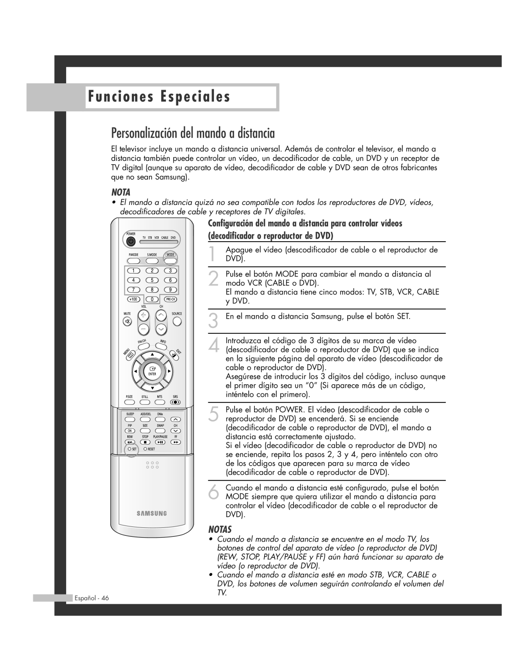 Samsung SP-56L6HR, SP-61L6HR, SP-46L6HR, SP-42L6HR, SP-50L6HR Funciones Especiales, Personalización del mando a distancia 