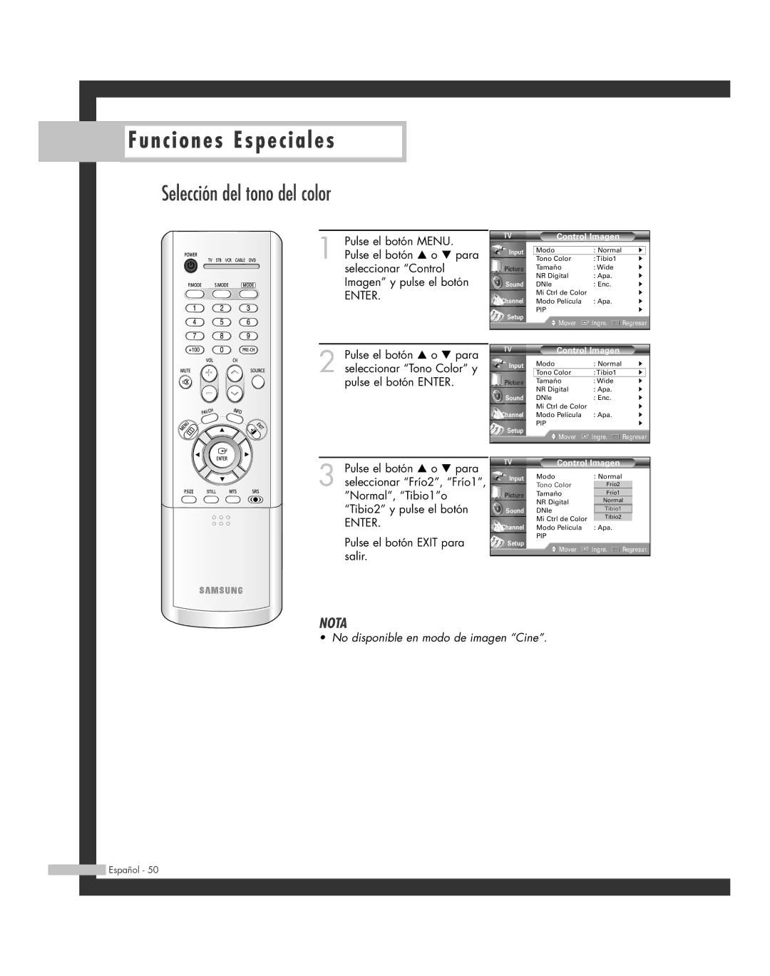 Samsung SP-61L6HR, SP-56L6HR, SP-46L6HR, SP-42L6HR, SP-50L6HR manual Selección del tono del color 