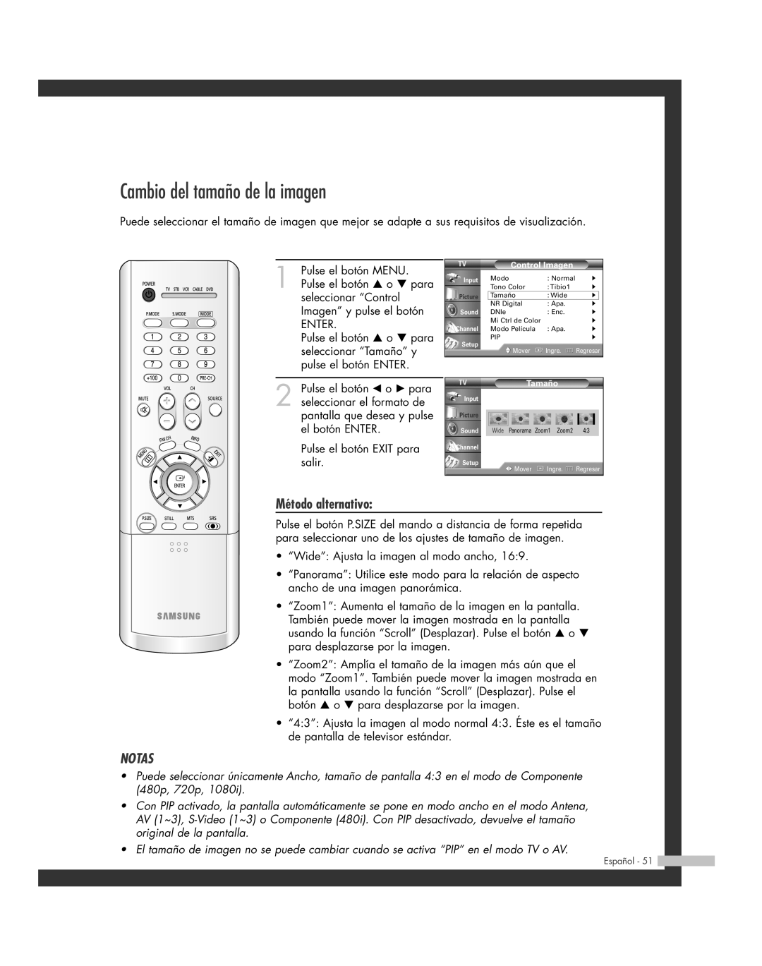 Samsung SP-56L6HR, SP-61L6HR, SP-46L6HR, SP-42L6HR, SP-50L6HR manual Cambio del tamaño de la imagen, Método alternativo 