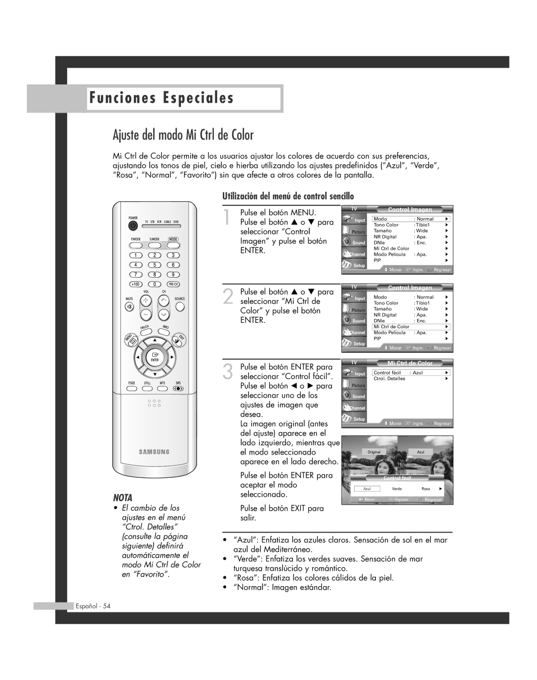 Samsung SP-50L6HR, SP-61L6HR, SP-56L6HR manual Ajuste del modo Mi Ctrl de Color, Utilización del menú de control sencillo 
