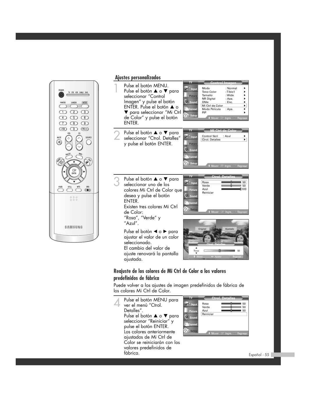 Samsung SP-61L6HR, SP-56L6HR, SP-46L6HR, SP-42L6HR, SP-50L6HR manual Ajustes personalizados, Ctrol. Detalles 