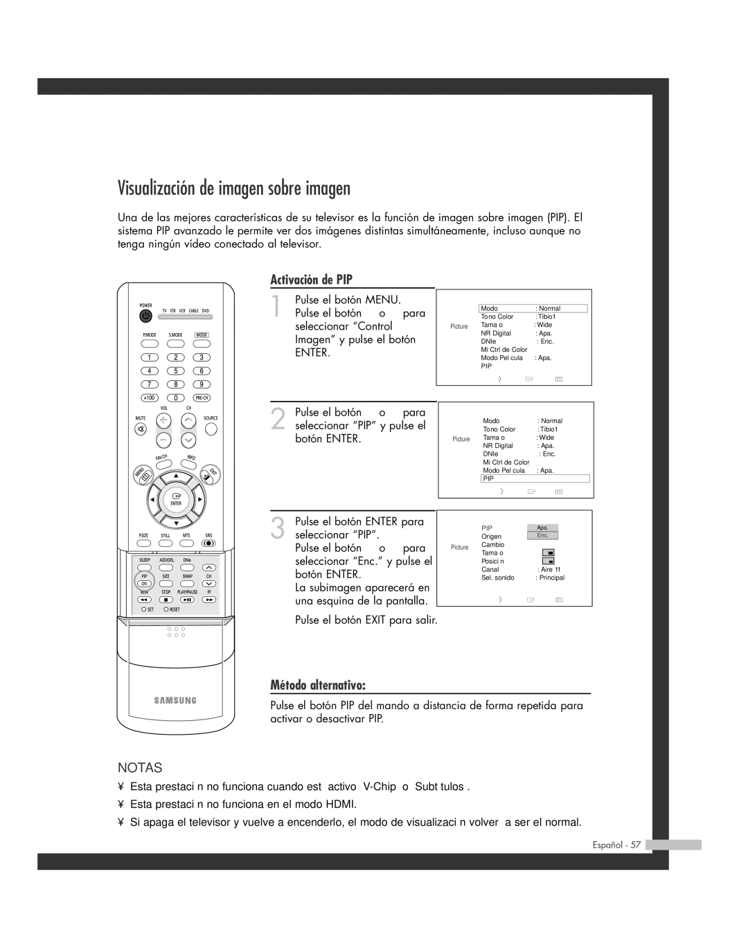 Samsung SP-46L6HR, SP-61L6HR, SP-56L6HR, SP-42L6HR, SP-50L6HR manual Visualización de imagen sobre imagen, Activación de PIP 