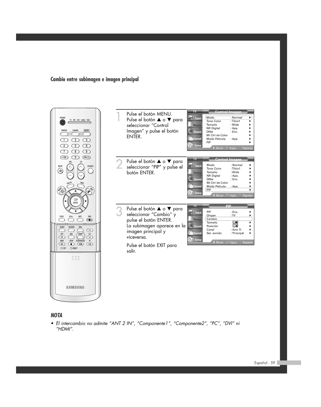 Samsung SP-50L6HR, SP-61L6HR, SP-56L6HR, SP-46L6HR, SP-42L6HR manual Cambio entre subimagen e imagen principal 