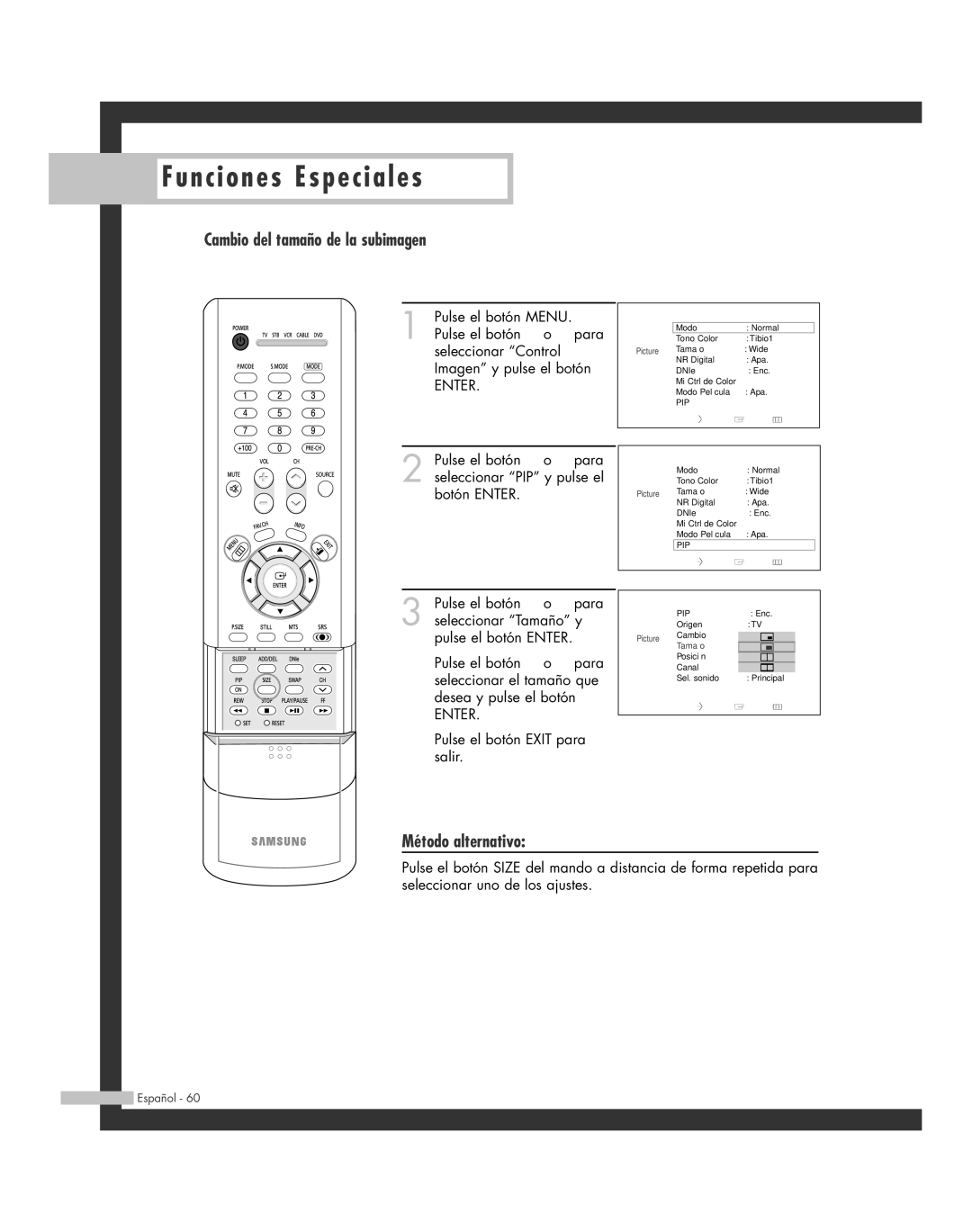 Samsung SP-61L6HR, SP-56L6HR, SP-46L6HR, SP-42L6HR, SP-50L6HR manual Cambio del tamaño de la subimagen, Método alternativo 