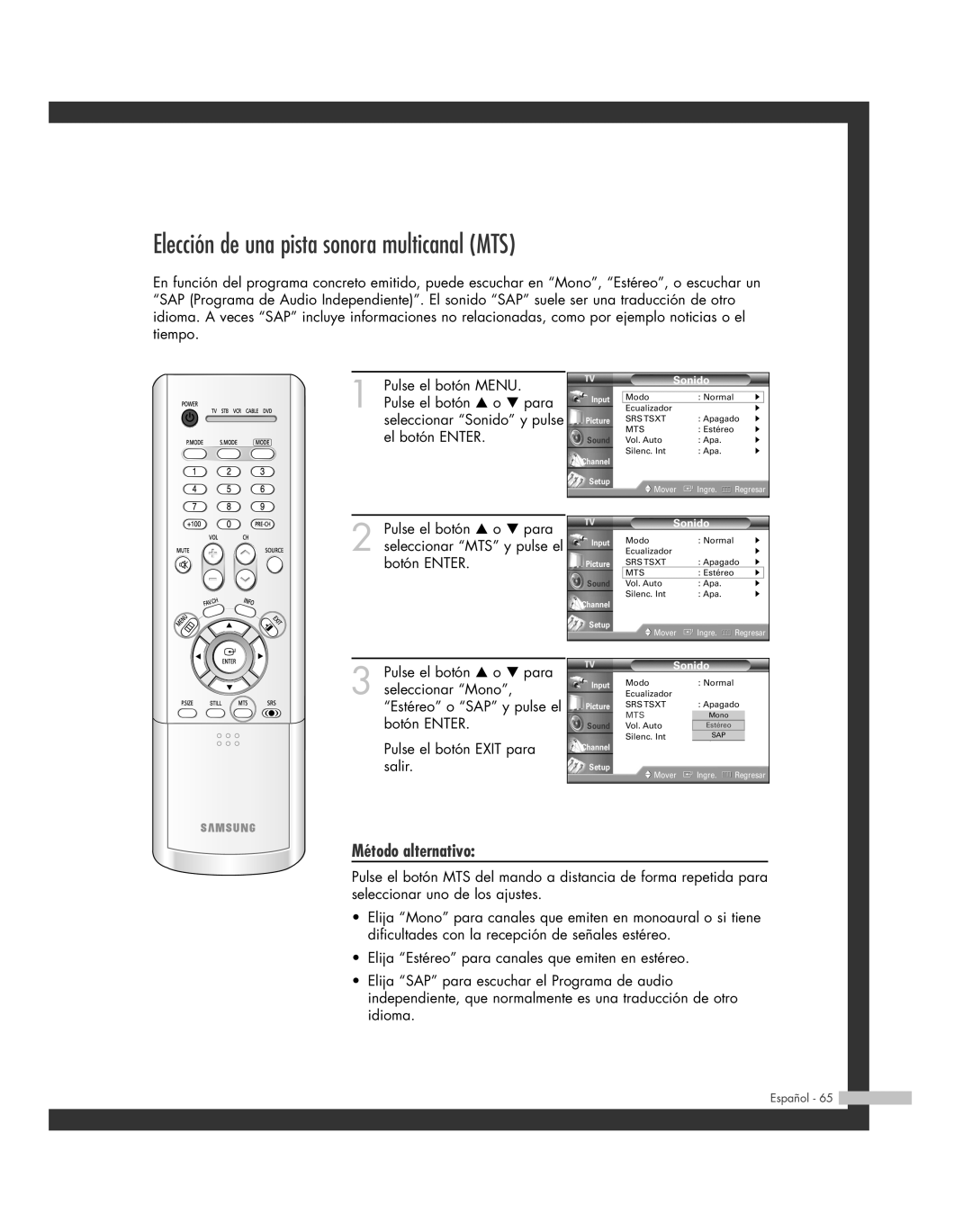 Samsung SP-61L6HR, SP-56L6HR, SP-46L6HR, SP-42L6HR, SP-50L6HR manual Elección de una pista sonora multicanal MTS 