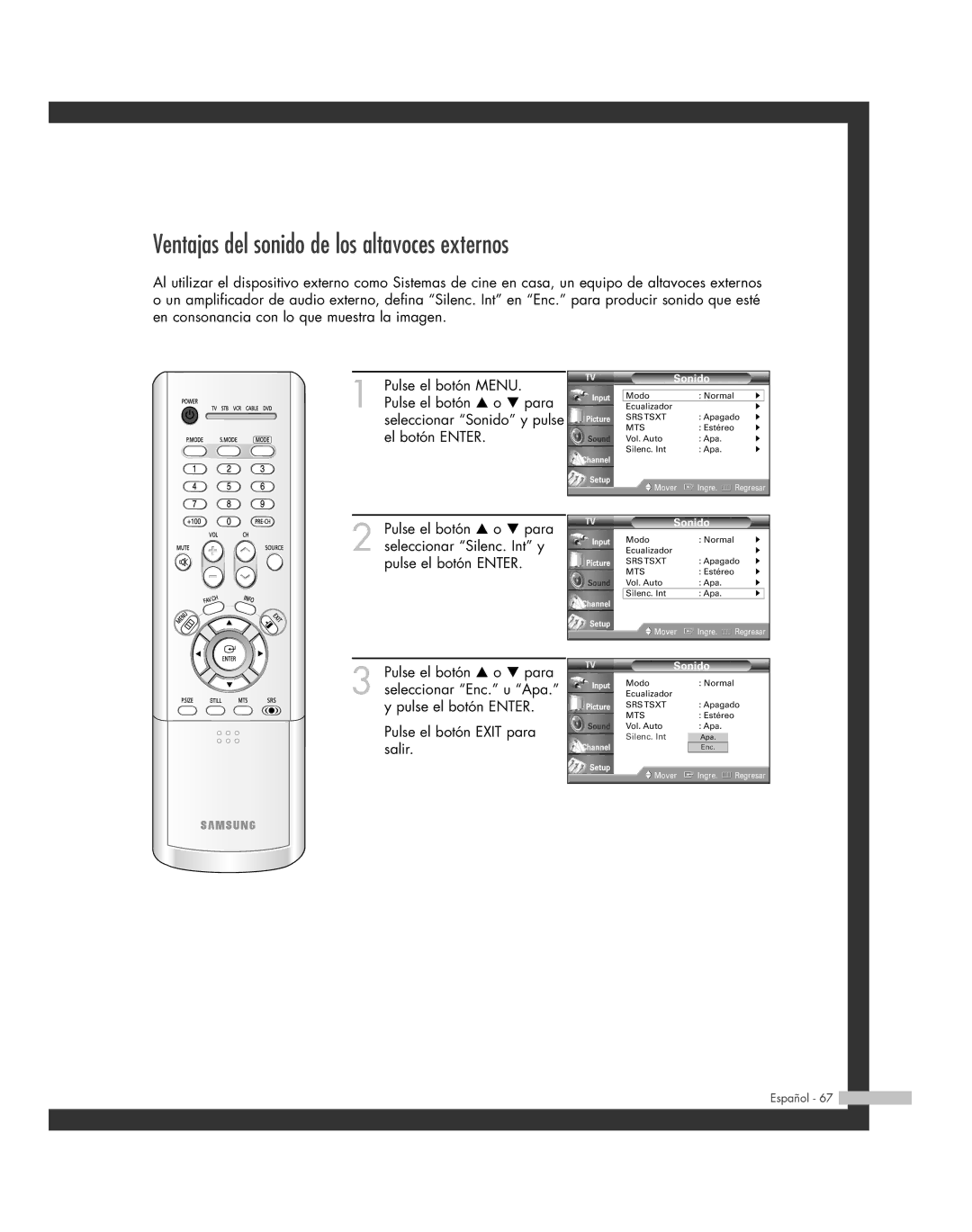 Samsung SP-46L6HR, SP-61L6HR, SP-56L6HR, SP-42L6HR, SP-50L6HR manual Ventajas del sonido de los altavoces externos 