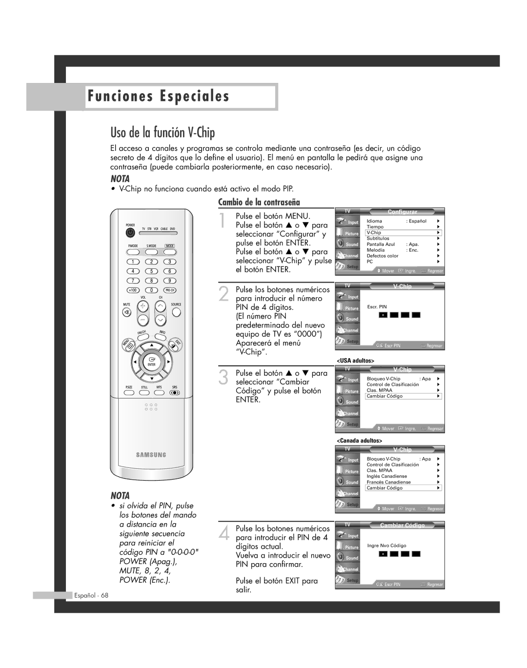 Samsung SP-42L6HR, SP-61L6HR, SP-56L6HR, SP-46L6HR, SP-50L6HR manual Uso de la función V-Chip, Cambio de la contraseña 