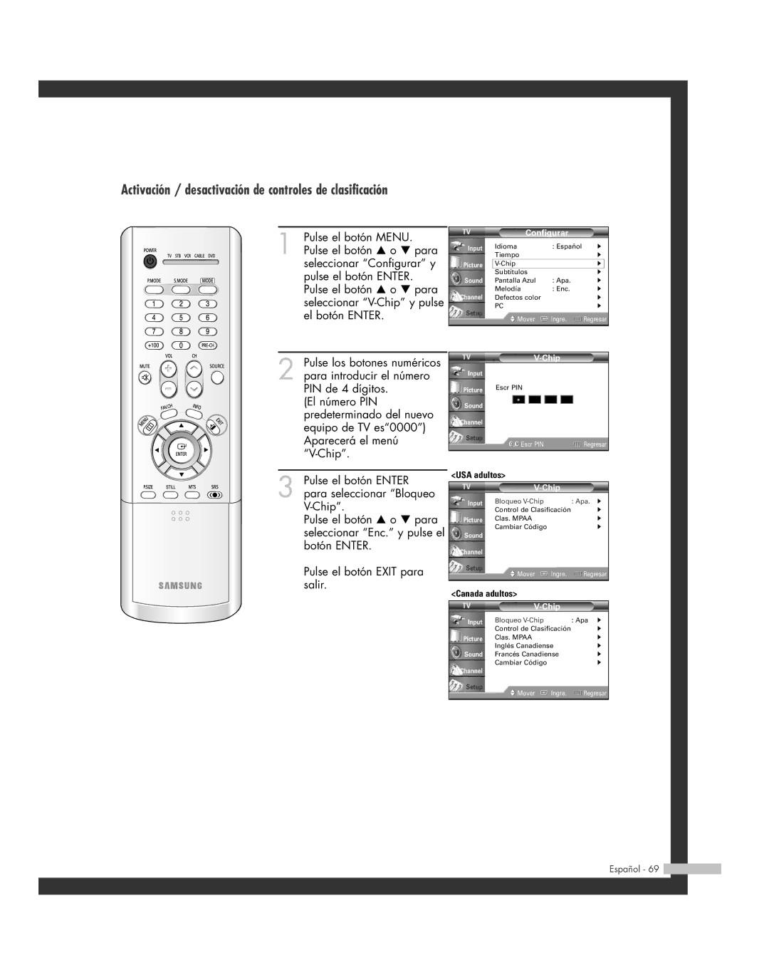 Samsung SP-50L6HR, SP-61L6HR, SP-56L6HR, SP-46L6HR Activación / desactivación de controles de clasificación, Bloqueo V-Chip 