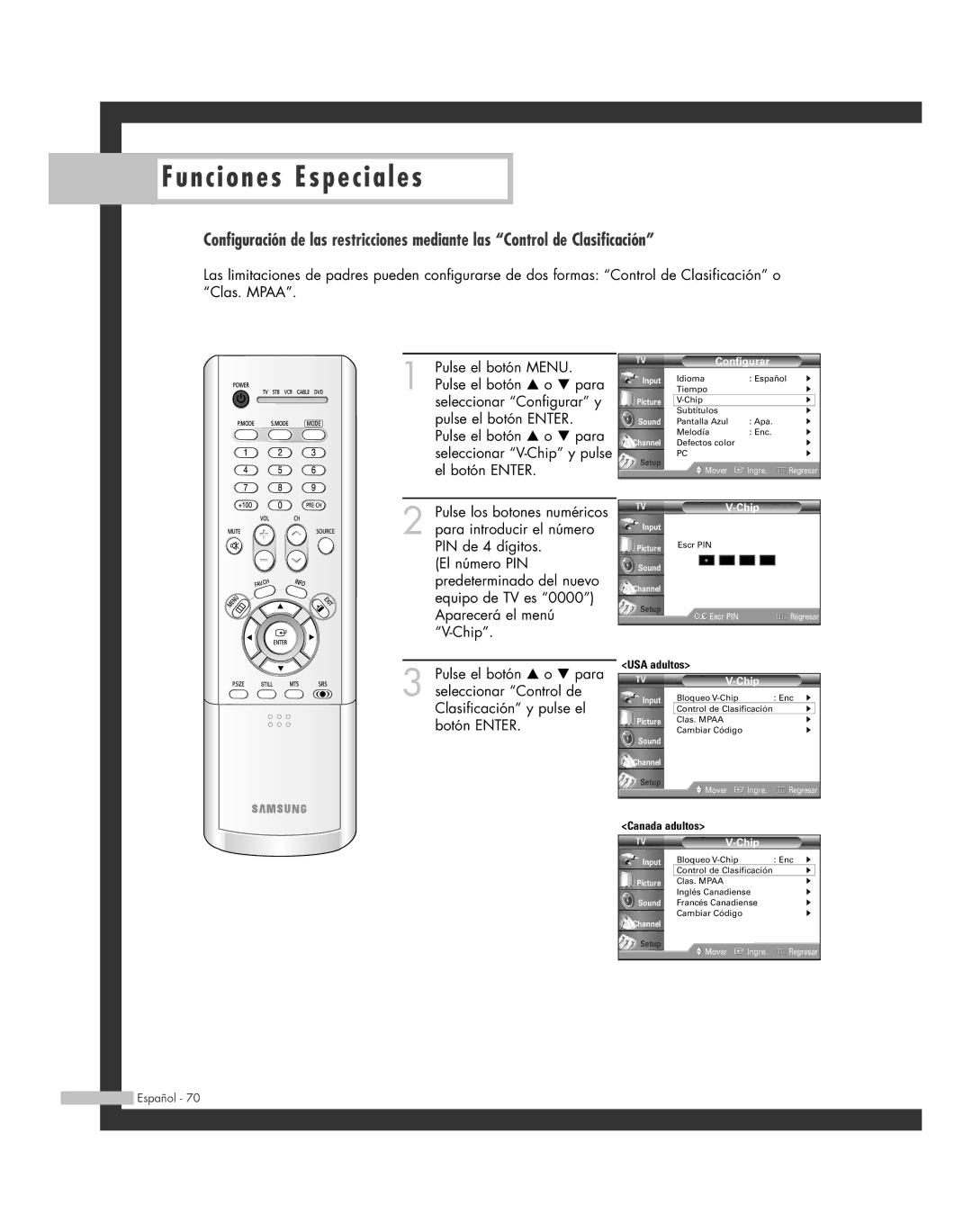 Samsung SP-61L6HR, SP-56L6HR, SP-46L6HR, SP-42L6HR, SP-50L6HR manual Bloqueo V-Chip Enc √ Control de Clasificación 