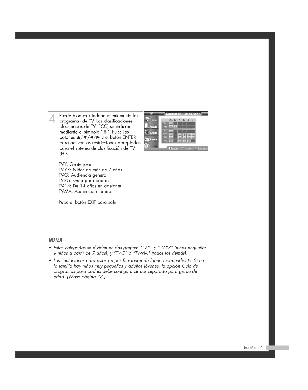 Samsung SP-56L6HR, SP-61L6HR, SP-46L6HR, SP-42L6HR, SP-50L6HR manual Control de Clasificación 