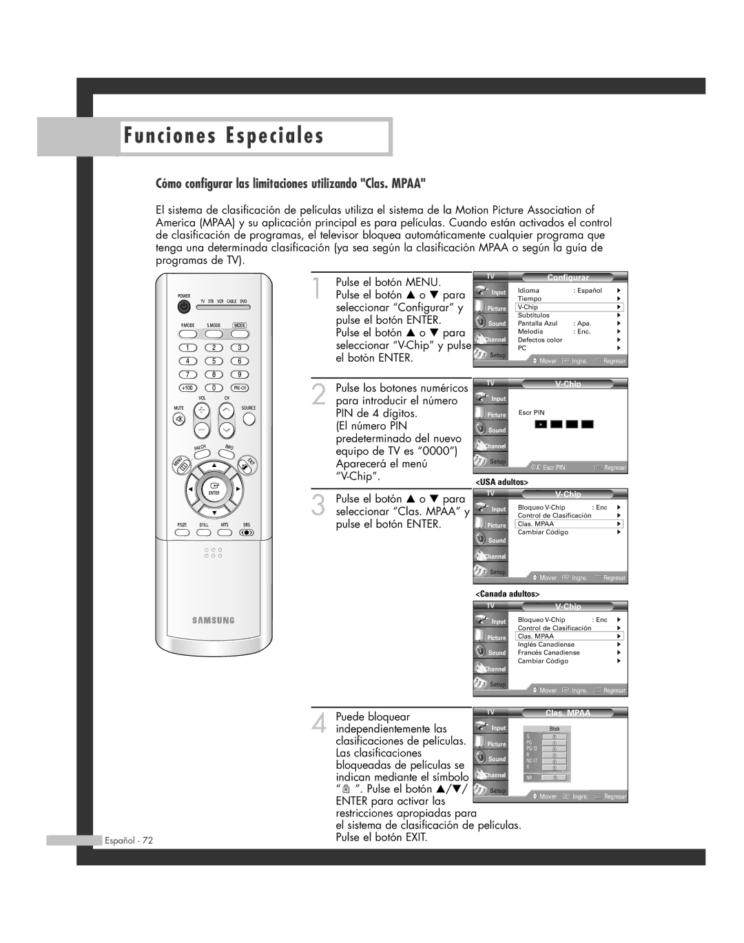 Samsung SP-46L6HR, SP-61L6HR, SP-56L6HR, SP-42L6HR, SP-50L6HR manual Cómo configurar las limitaciones utilizando Clas. Mpaa 