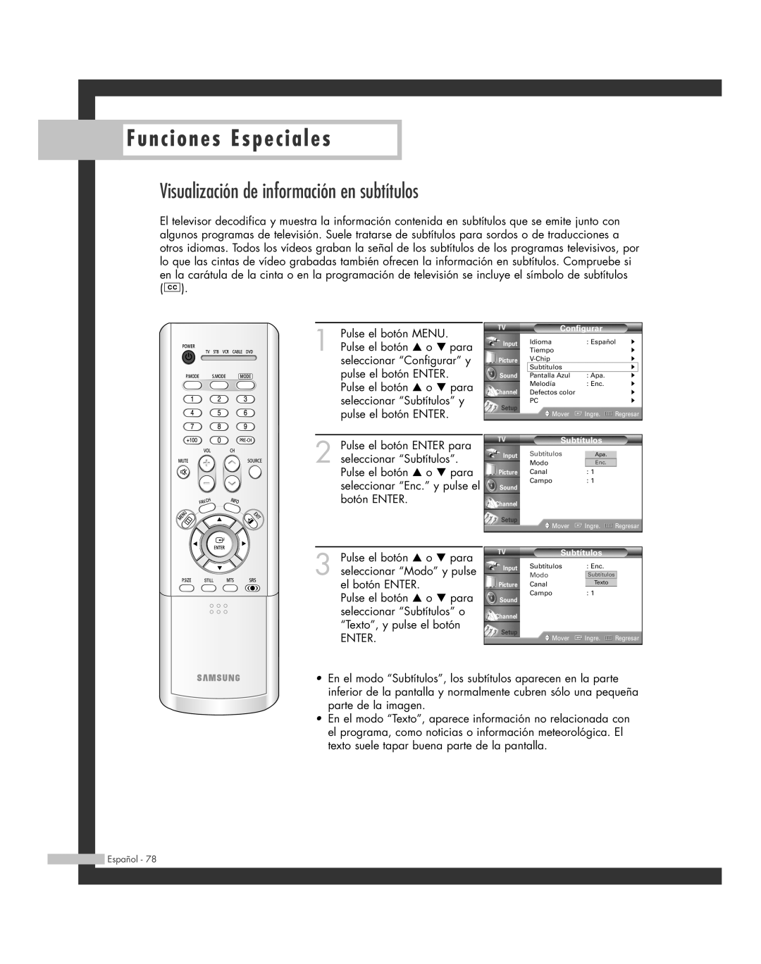 Samsung SP-42L6HR, SP-61L6HR, SP-56L6HR, SP-46L6HR, SP-50L6HR manual Visualización de información en subtítulos 