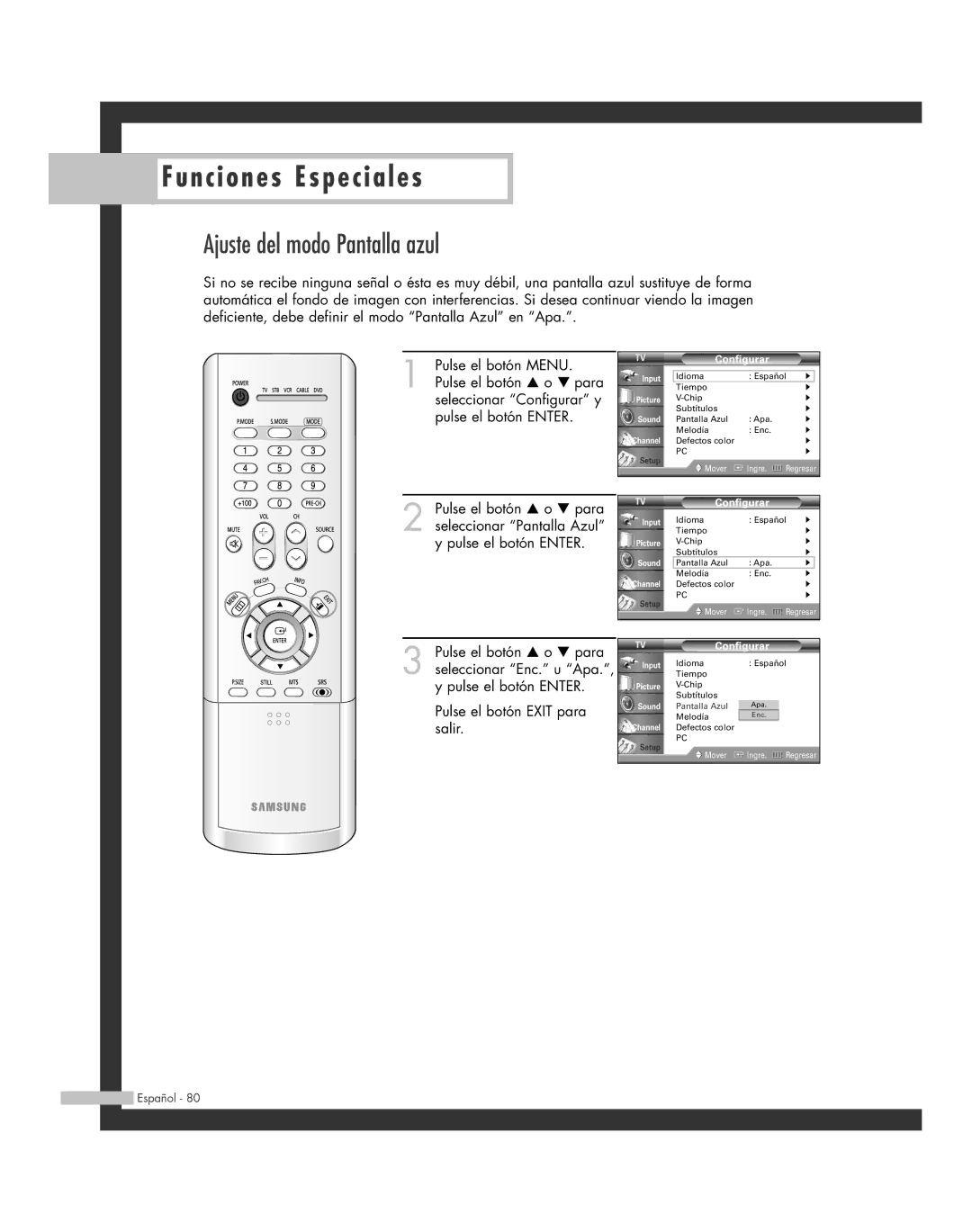 Samsung SP-61L6HR, SP-56L6HR, SP-46L6HR, SP-42L6HR, SP-50L6HR manual Ajuste del modo Pantalla azul 