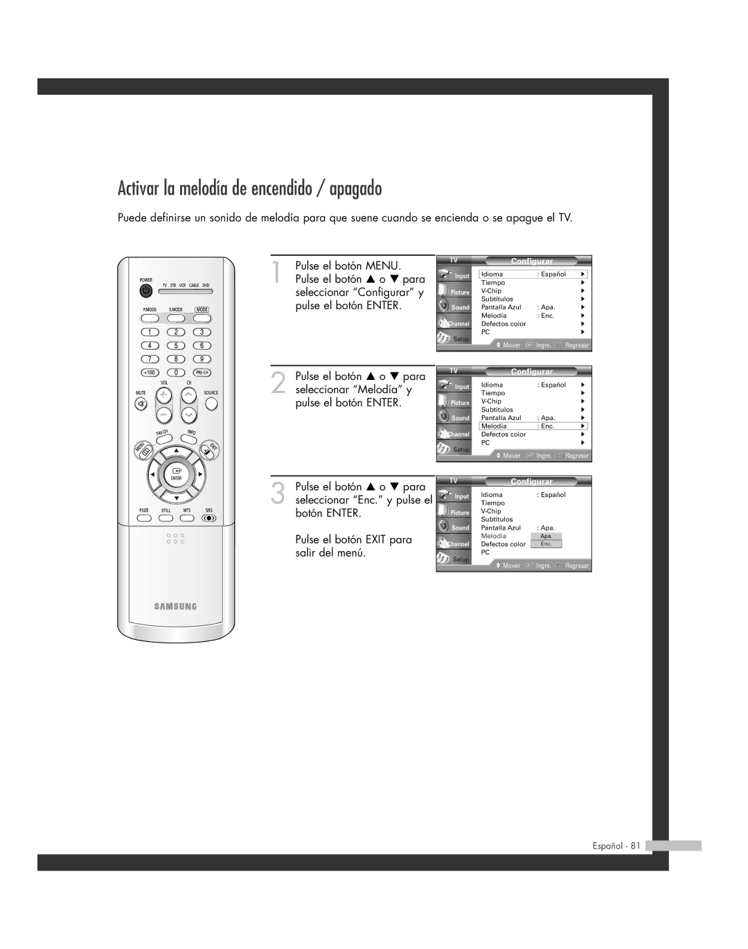 Samsung SP-56L6HR, SP-61L6HR, SP-46L6HR, SP-42L6HR, SP-50L6HR manual Activar la melodía de encendido / apagado 