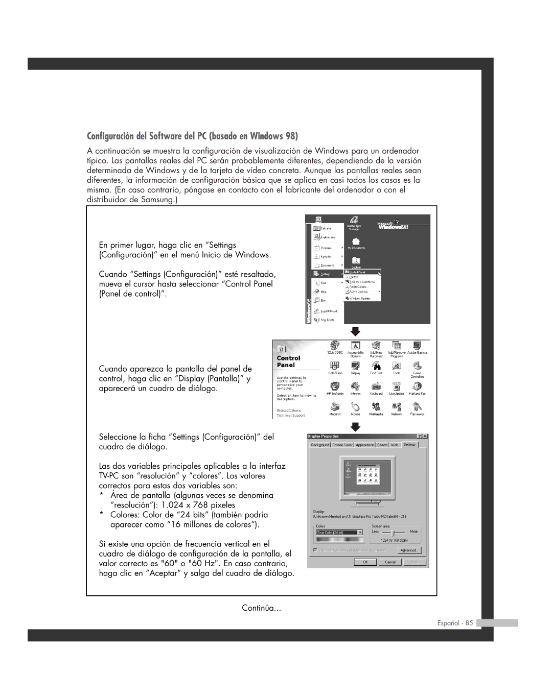 Samsung SP-61L6HR, SP-56L6HR, SP-46L6HR, SP-42L6HR, SP-50L6HR manual Configuración del Software del PC basado en Windows 