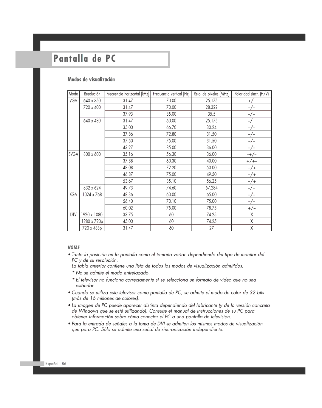 Samsung SP-56L6HR, SP-61L6HR, SP-46L6HR, SP-42L6HR, SP-50L6HR manual Modos de visualización, Notas 