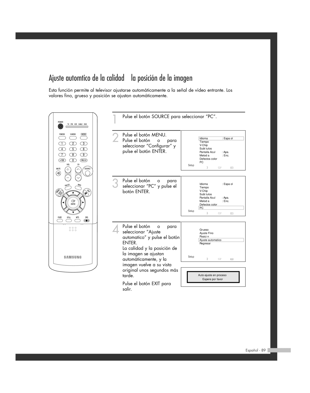 Samsung SP-50L6HR, SP-61L6HR, SP-56L6HR, SP-46L6HR, SP-42L6HR manual Ajuste automático de la calidad y la posición de la imagen 