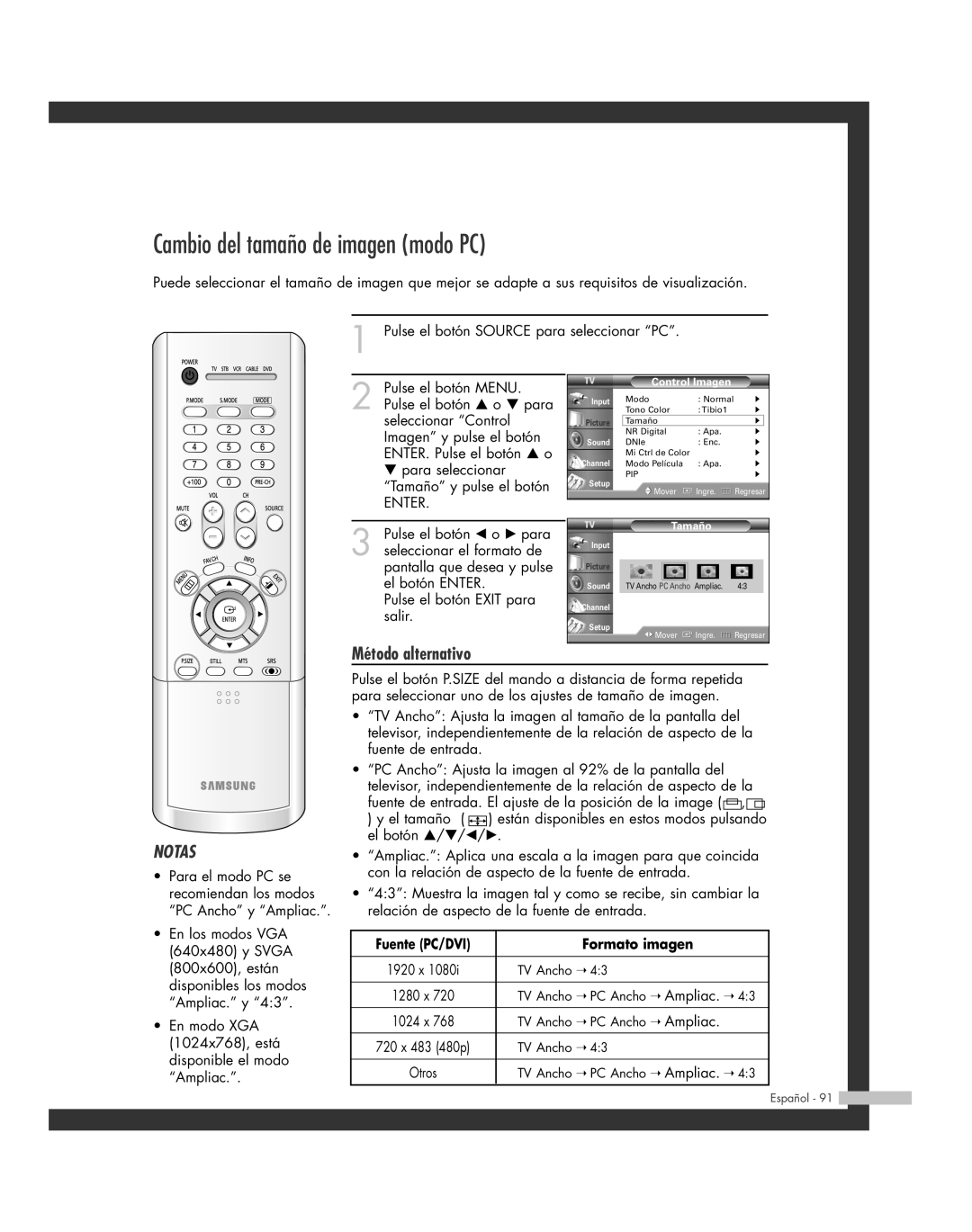 Samsung SP-56L6HR, SP-61L6HR, SP-46L6HR, SP-42L6HR manual Cambio del tamaño de imagen modo PC, Fuente PC/DVI Formato imagen 