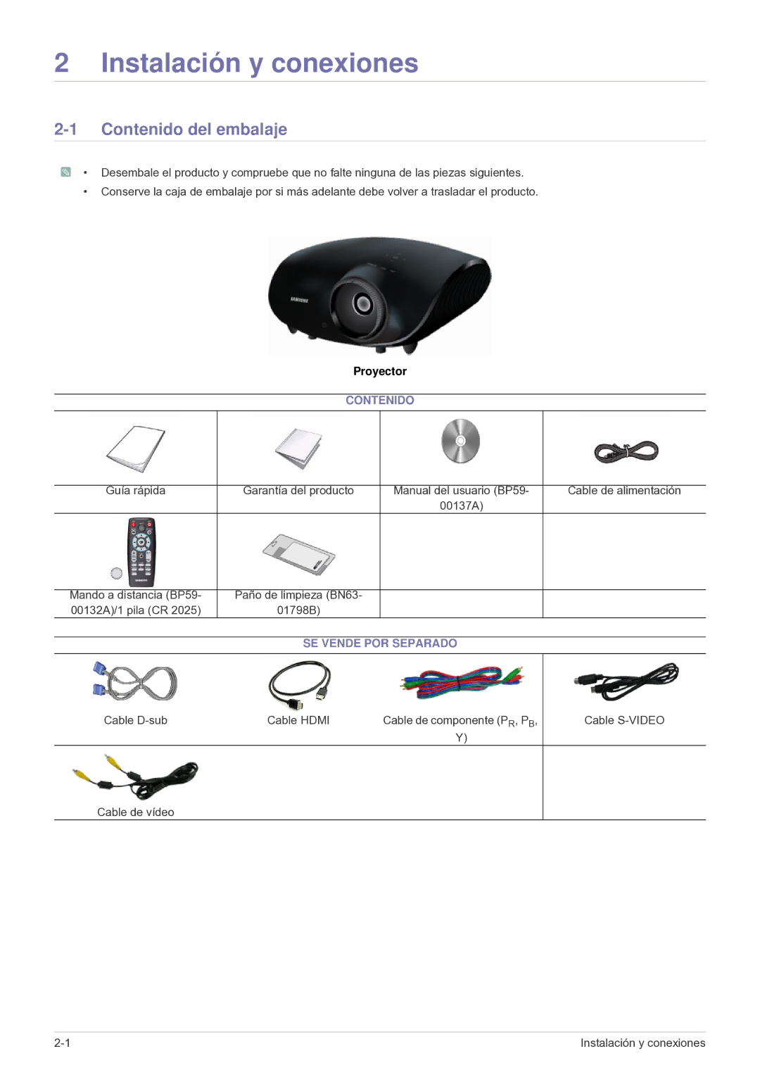 Samsung SP-A600B, SPA600BX/EN manual Contenido del embalaje, SE Vende POR Separado 