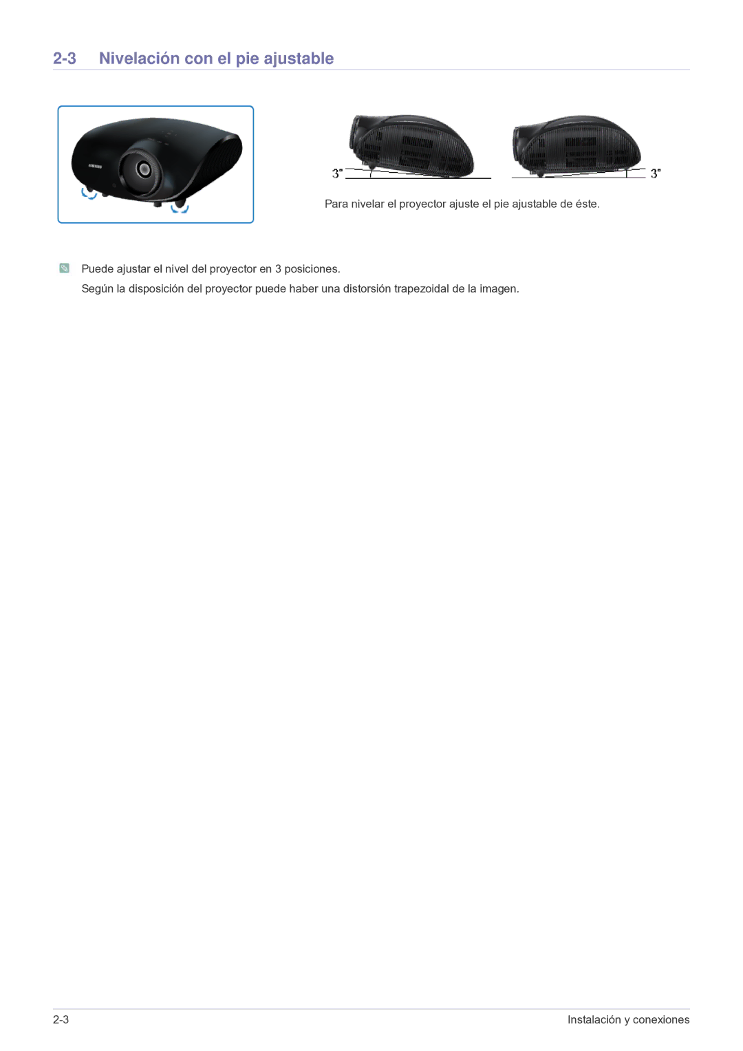 Samsung SP-A600B, SPA600BX/EN manual Nivelación con el pie ajustable 