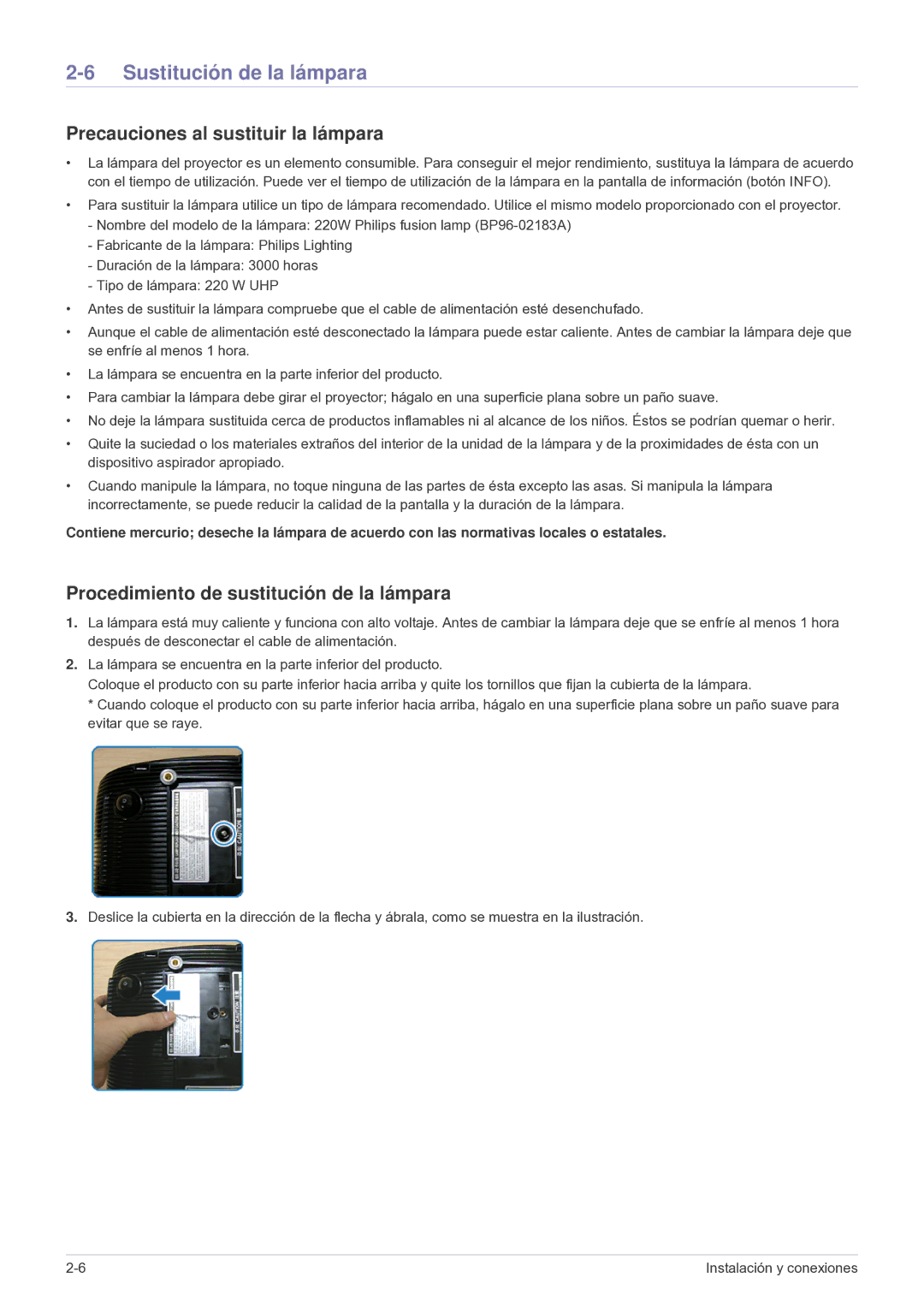 Samsung SP-A600B, SPA600BX/EN manual Sustitución de la lámpara, Precauciones al sustituir la lámpara 