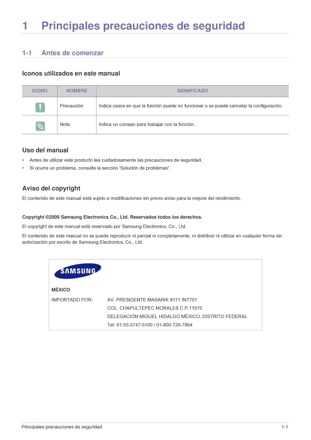 Samsung SPA600BX/EN, SP-A600B Antes de comenzar, Iconos utilizados en este manual, Uso del manual, Aviso del copyright 