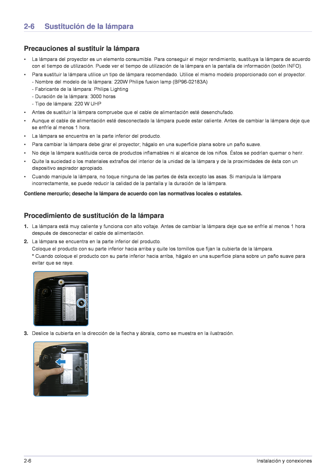 Samsung SP-A600B, SPA600BX/EN manual Sustitución de la lámpara, Precauciones al sustituir la lámpara 