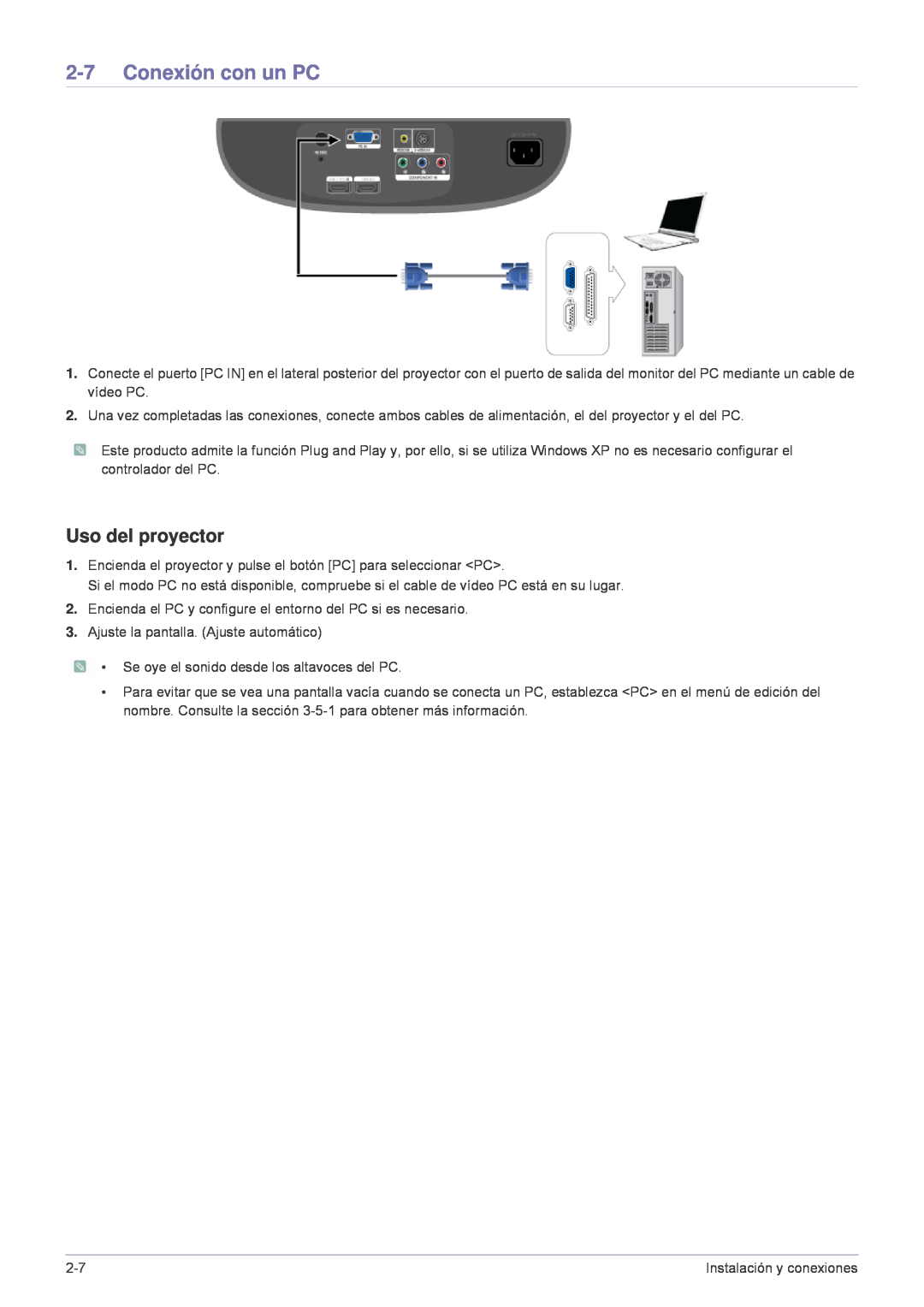 Samsung SP-A600B, SPA600BX/EN manual Conexión con un PC, Uso del proyector 