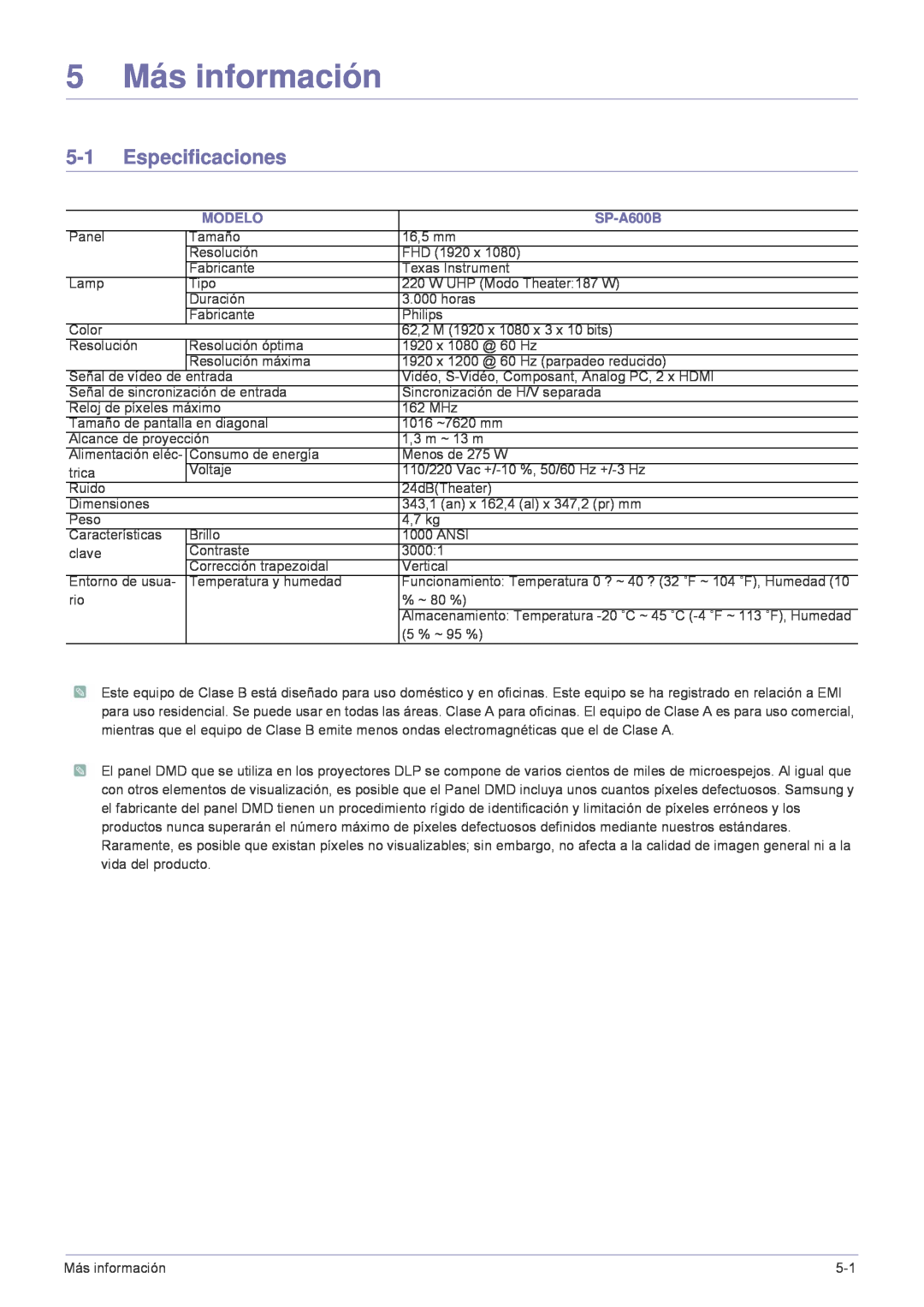 Samsung SP-A600B, SPA600BX/EN manual Más información, Especificaciones 