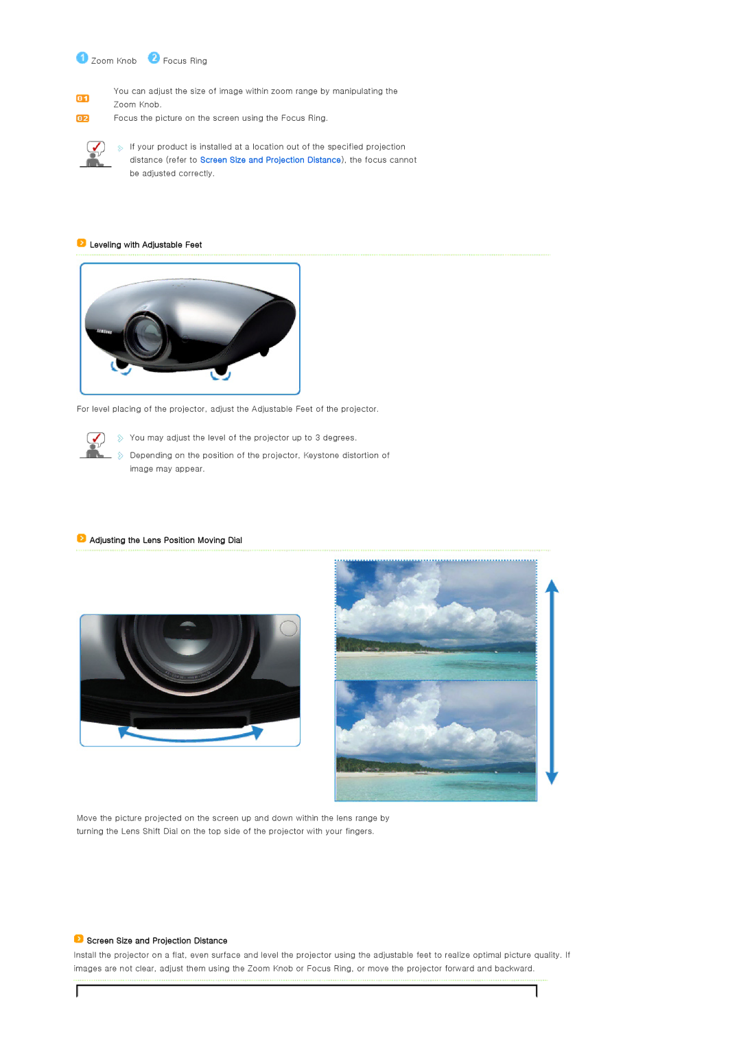 Samsung SP-A900B manual Leveling with Adjustable Feet, Adjusting the Lens Position Moving Dial 